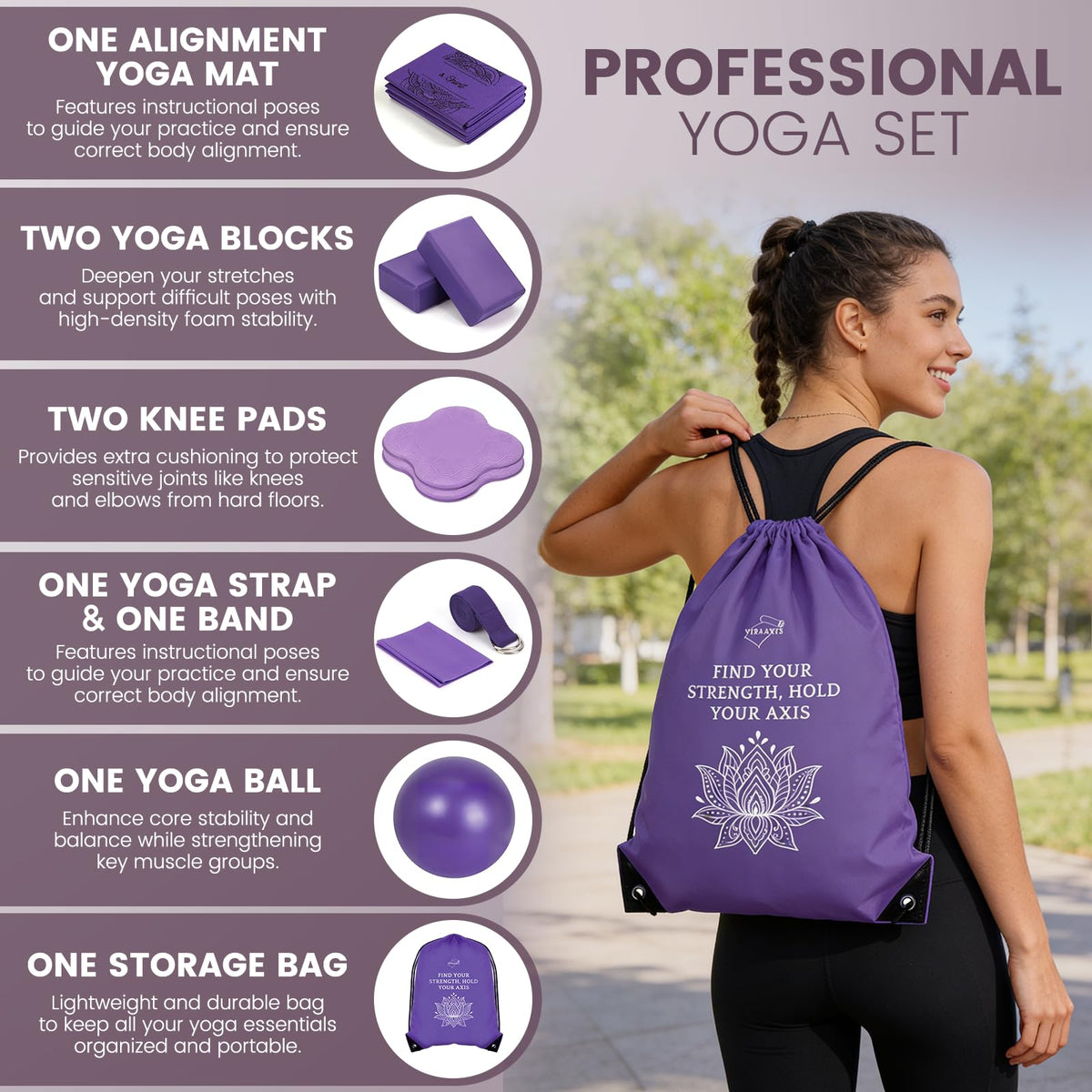 Foldable Non Slip Yoga Mat and Blocks Set for Women (Purple)