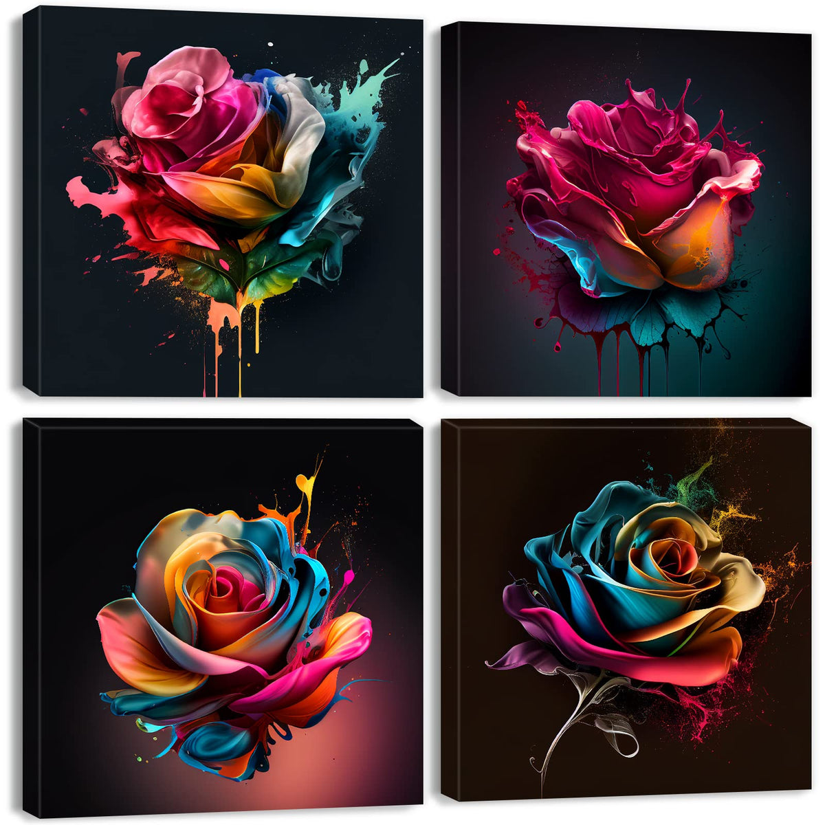 Colorful Rose Wall Art Abstract Graffiti Rainbow Flower Canvas Prints Pictures Bedroom Decor 12x12" 4 Pcs Modern Watercolor Black Background Paintings Artwork for Living Room Bathroom Home Decorations (12"L x 12"W / Colorful Rose)