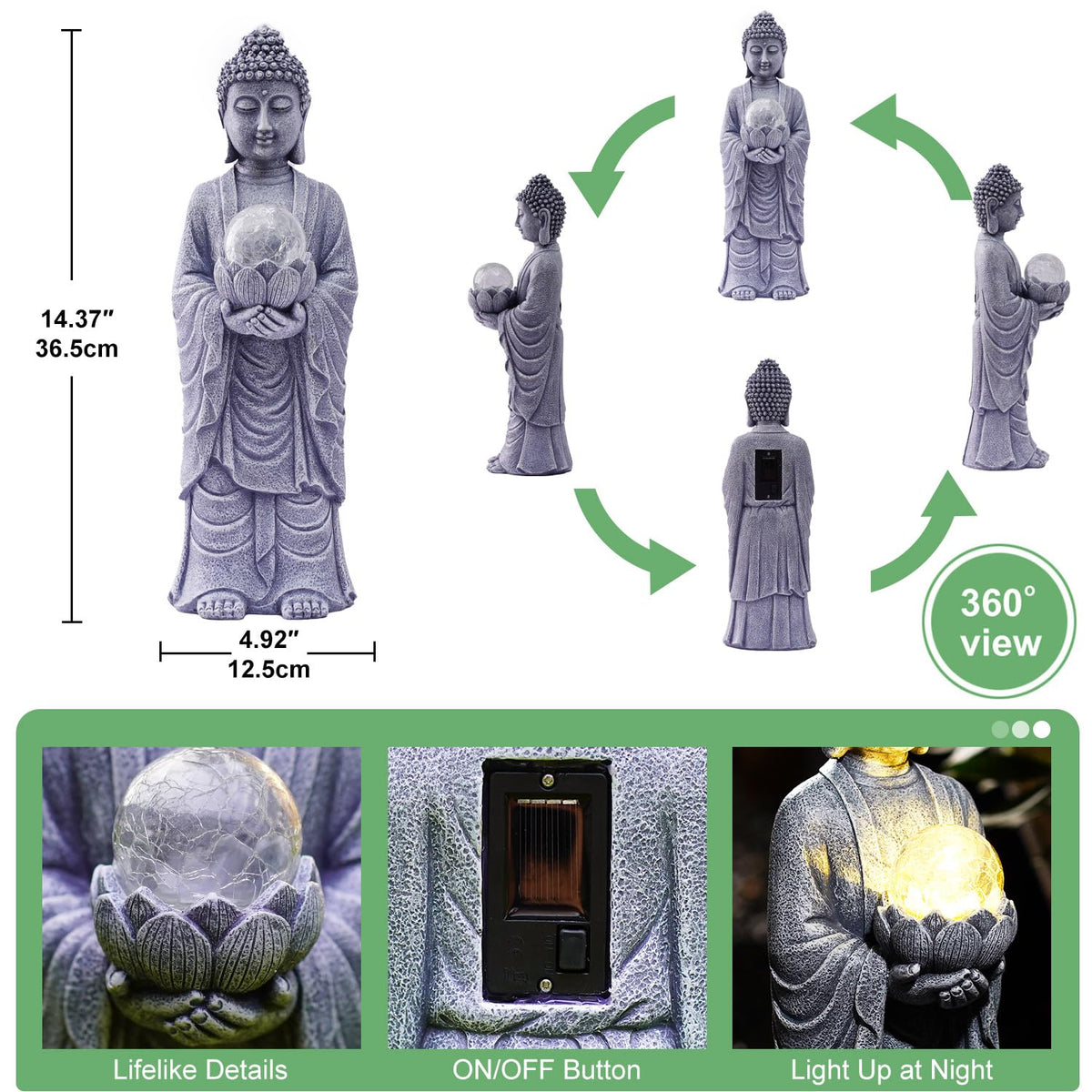 Solar Buddha Statue Outdoor (Gray)