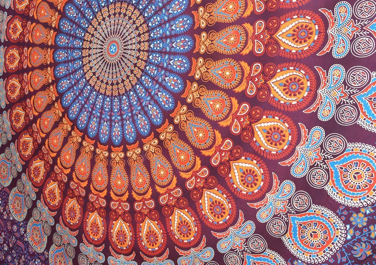 Tapestry Wall Hanging Hippie Mandala Bohemian Hippy Psychedelic Design Indian Peacock Meditation Gypsy Tapestries Bedspread 54 x 60 Inches (60"L x 54"W / Maroon)