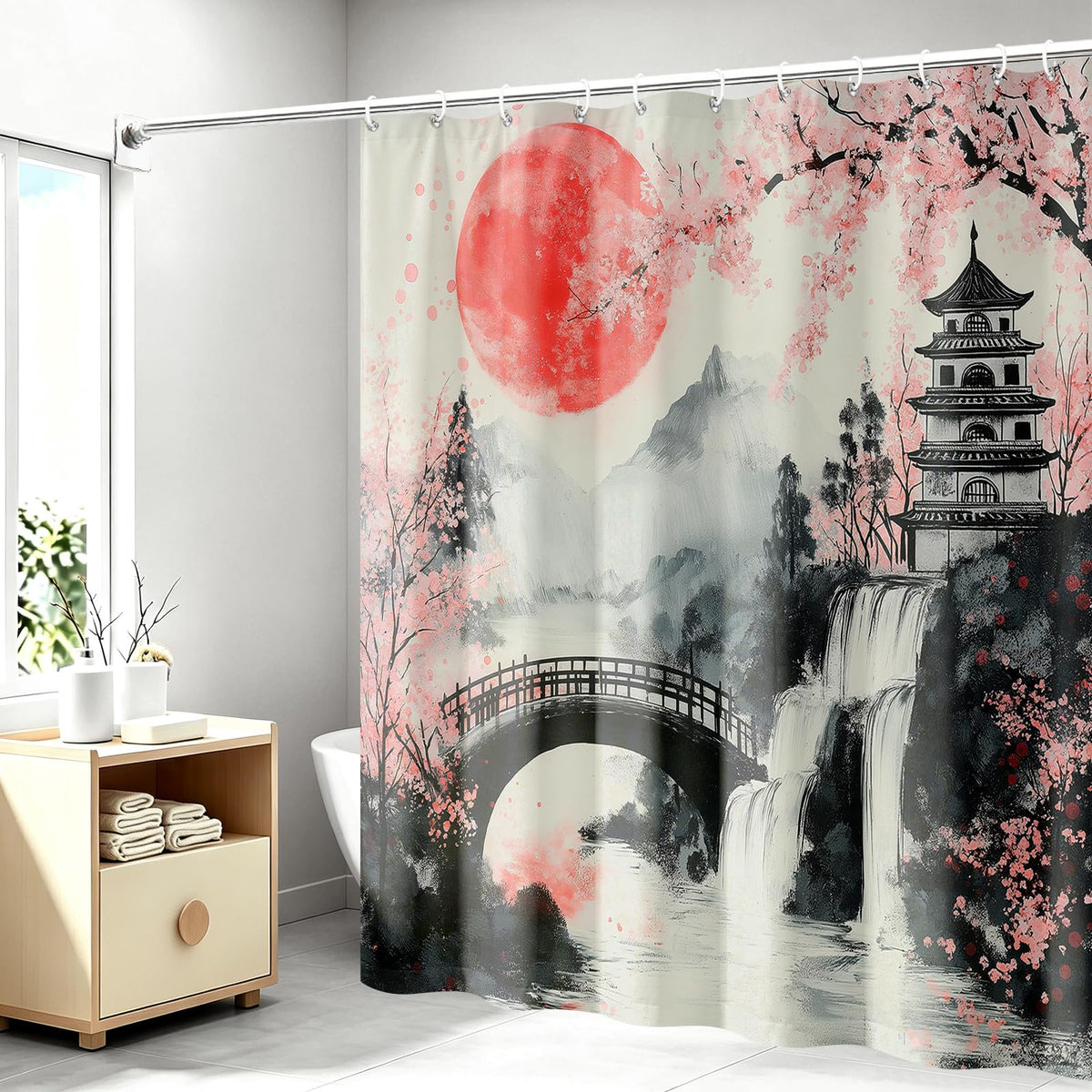 Japanese Shower Curtain Pink Cherry Blossom Waterfall Mountain Oriental Zen Anime Landscape Red Sun Asian Ink Art Bathroom Decor Bathtub Curtain Shower Curtain Set with 12 Hooks (Ink Blossom Pagoda / 72"W x 72"L (Pack of 1))