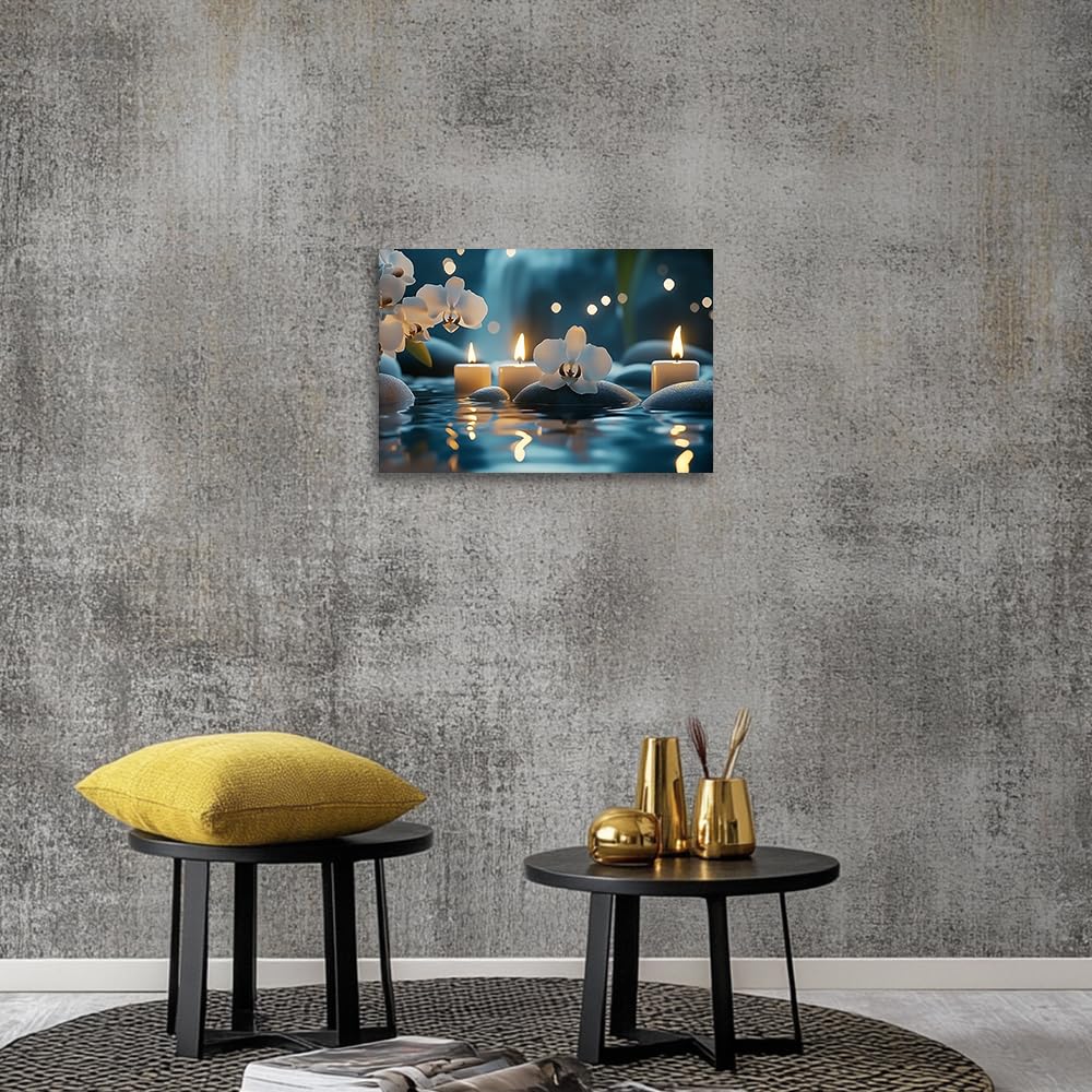 YMXHUANSH SPA Wall Art Decor Candles Canvas Print Orchids & Stones Zen Bathroom Artwork for Yoga Room Bedroom Massage Studio 16x24inch (Blue / 16"x24")
