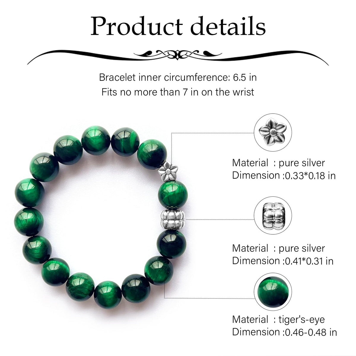 Natural obsidian bracelet (Green Tiger Eye + 925 Silver(12mm)-1 Pcs)