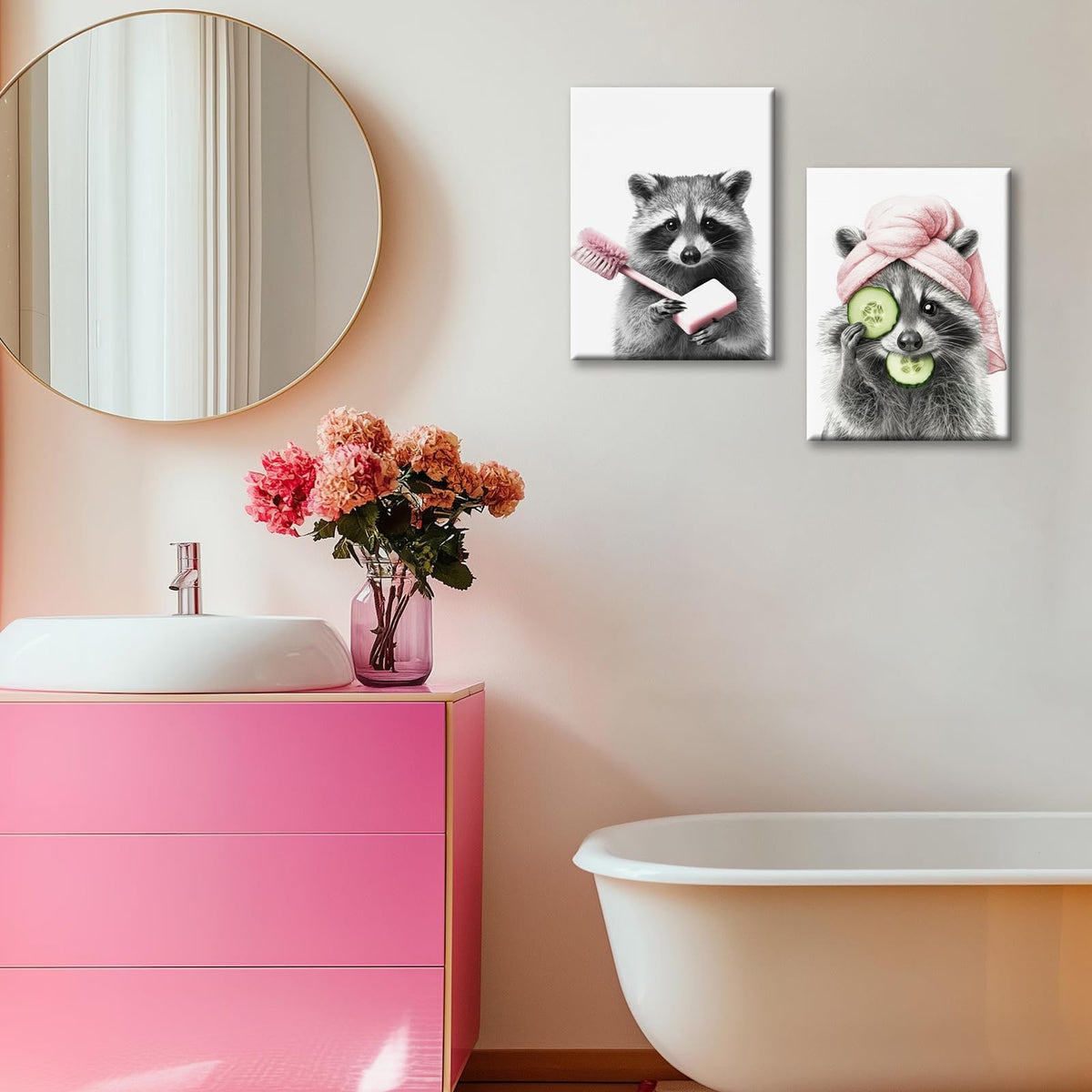 Funny Raccoon Bathroom Wall Art Black White Pink Animal Canvas Prints (Raccoon / 16"L x 12"W)