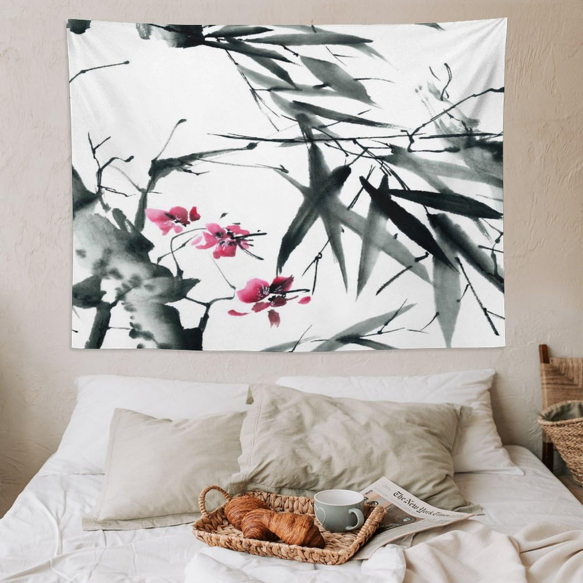 Bamboo Tapestry Wall Hanging Natural Bamboo Stems Cherry Blossom Japanese Inspired Folk Tapestries Home Decor for Living Room Bedroom Apartment Farmhouse Dorm 60"x80" (60"L x 80"W / Bamboo-10)