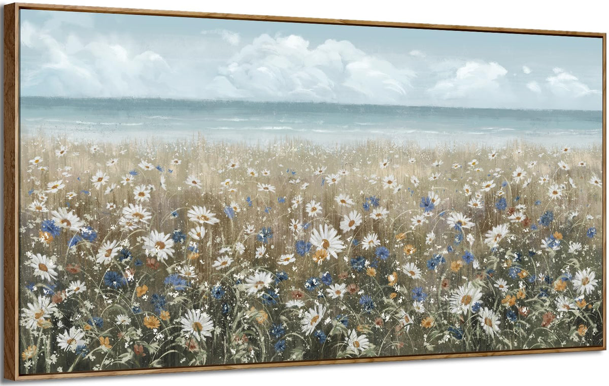 Oversized Wall Art for Living Room Extra Large Farmhouse Boho Framed Beach Coastal Vintage Ocean Floral Canvas Print Daisy Flowers Sea Wall Picture Neutral Nautical Artwork Bedroom Office Decor (Coastal Flower Sea Art / 58"L x 29"W)