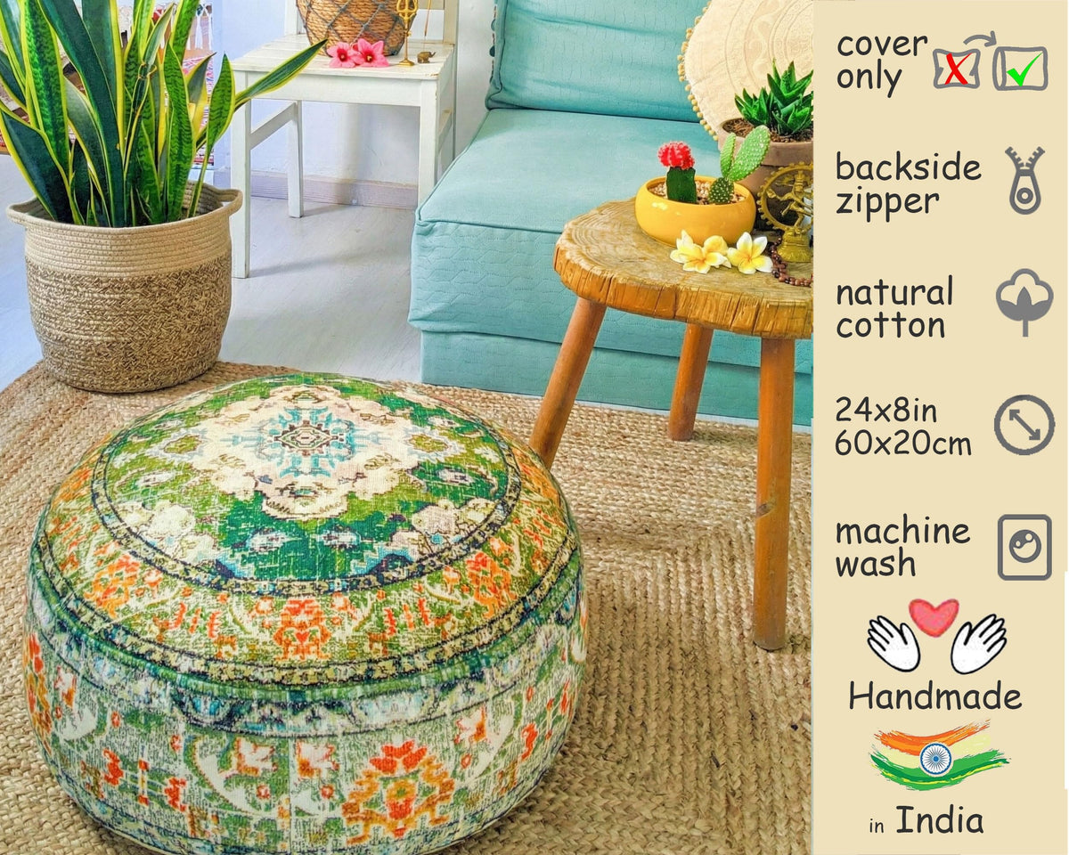 Indian Yoga Décor Pouf Cover Green Round Green Floor Pillow Case Room Décor Moroccan Decorative Cushion Cotton 24x8 Unstuffed (24x8 Cover Only / Green)