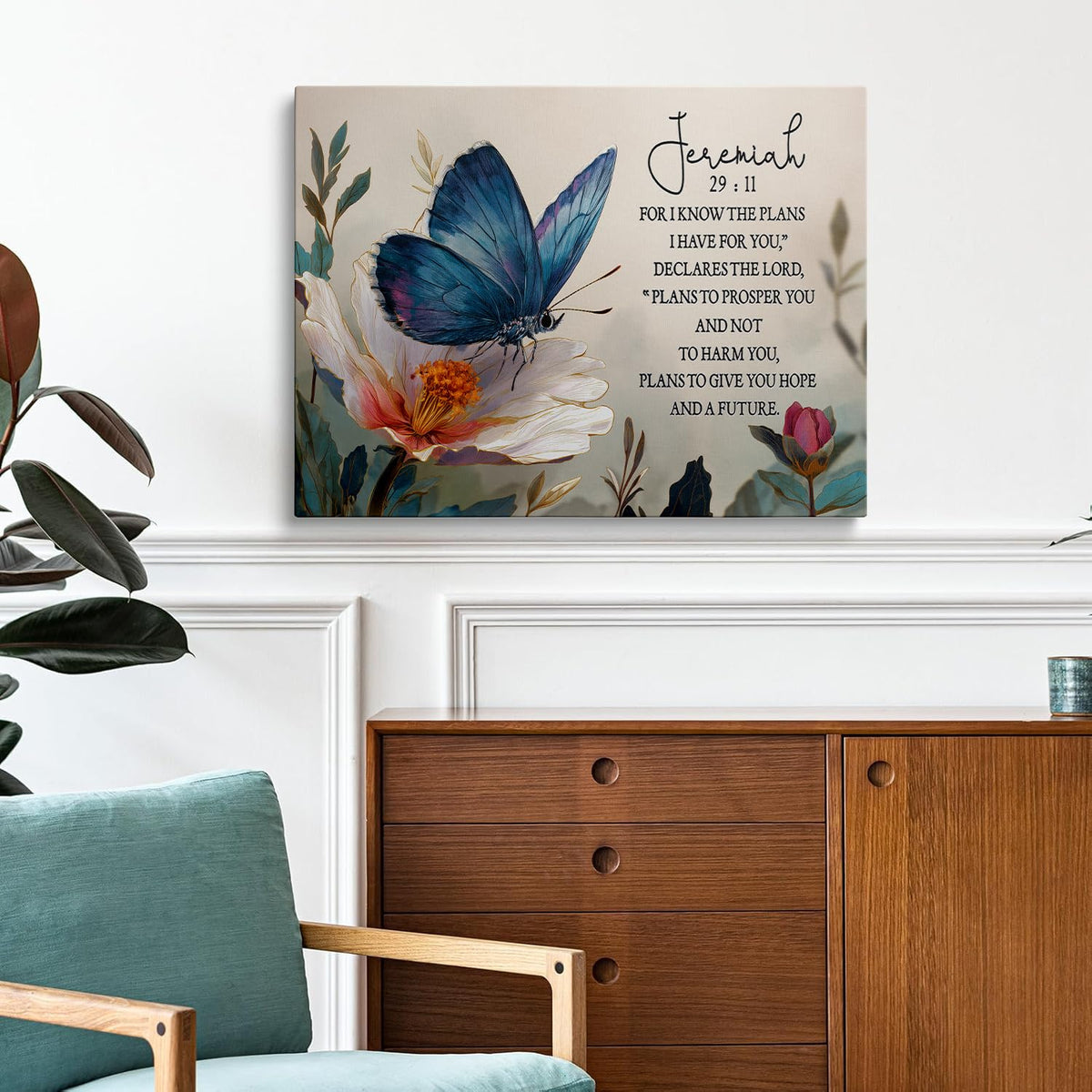Blue Butterfly Vintage Floral Inspiring Christian Gifts for Women Canvas Wall Decor (Light-colored / 24"L x 16"W)