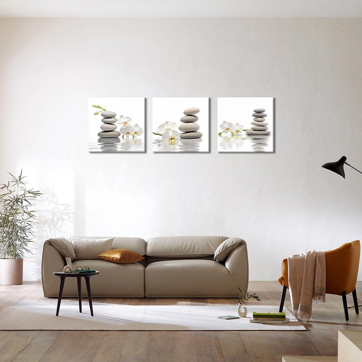 3 Panel Zen Wall Art Set Spa Meditation Zen Pebbles White Orchid Picture Canvas Print Painting Framed Artwork for Living Room Yoga Spa Room Bathroom Decor (Zen 02 / 24"L x 24"W)