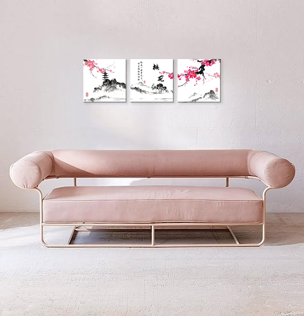 Small Size Traditional Chinese Painting of Peach Blossom Canvas Prints 3 Panels Calligraphy Art Paintings Wall Art Poem Print Painting Framed 12x12inches 3pcs (Peach blossom / 12x12 inches (3 pieces))