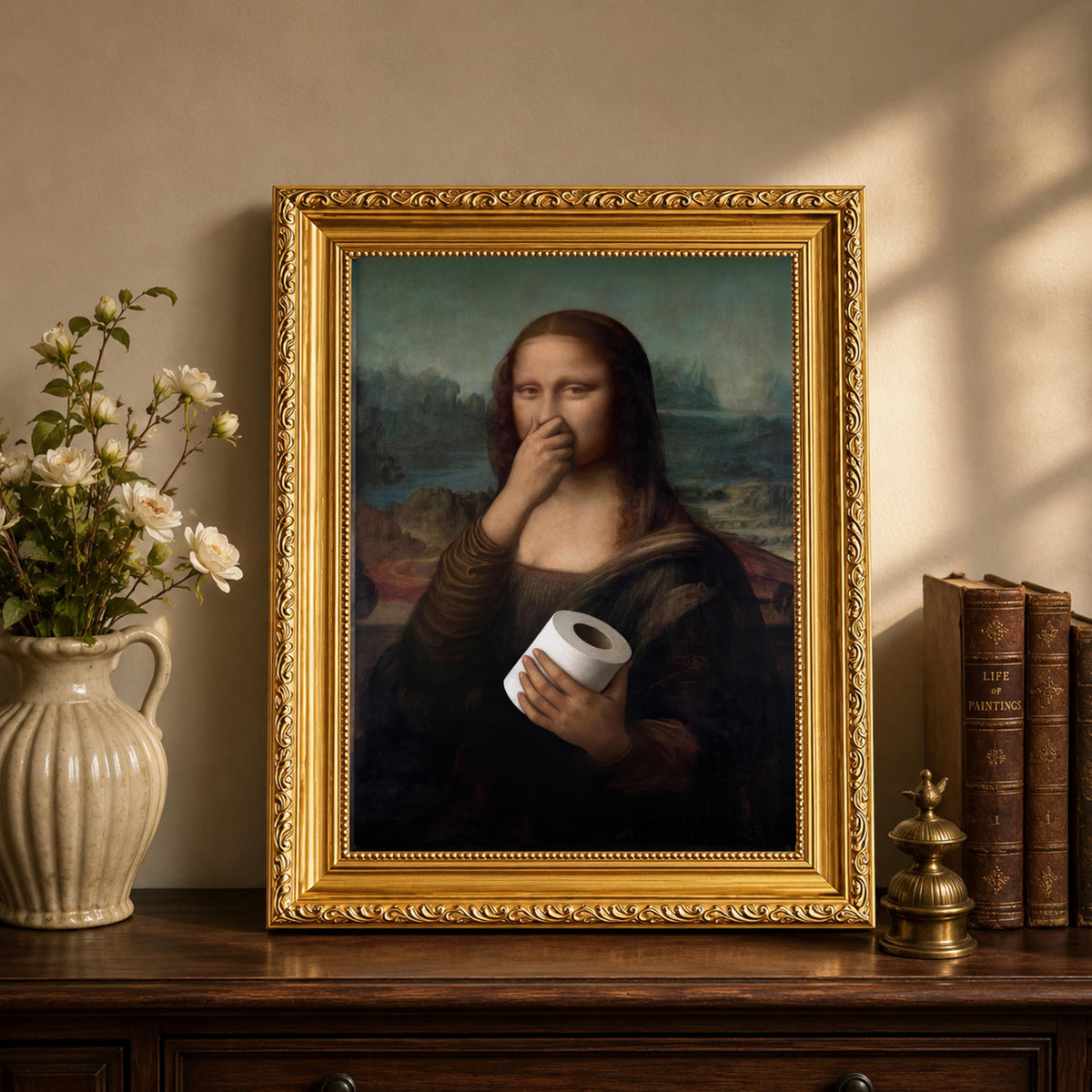 Gold Framed Bathroom Wall Art Mona Lisa Humor Amusing Toilet Art Pinching Nose Wall Decor Funny Vintage Painting Picture Print Whimsical Restroom 9x11 inch Small Framed (Mona Lisa / 16L" x 12W")