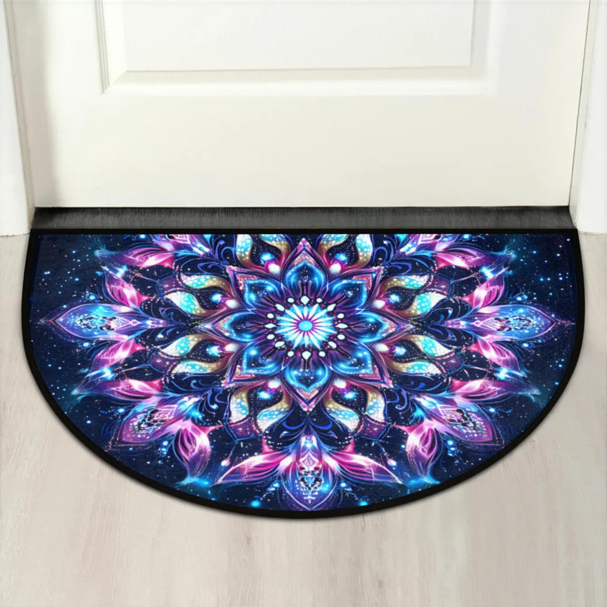 Half Round Doormat Flowers Ethnic Mandala Purple Non Slip Half Circle Area Rugs Indoor Washable Half Moon Rug Semi Circle Bathroom Runner Mat Entrance Floor Carpet for Kithen Bedroom Fireplace Decor (D 03)