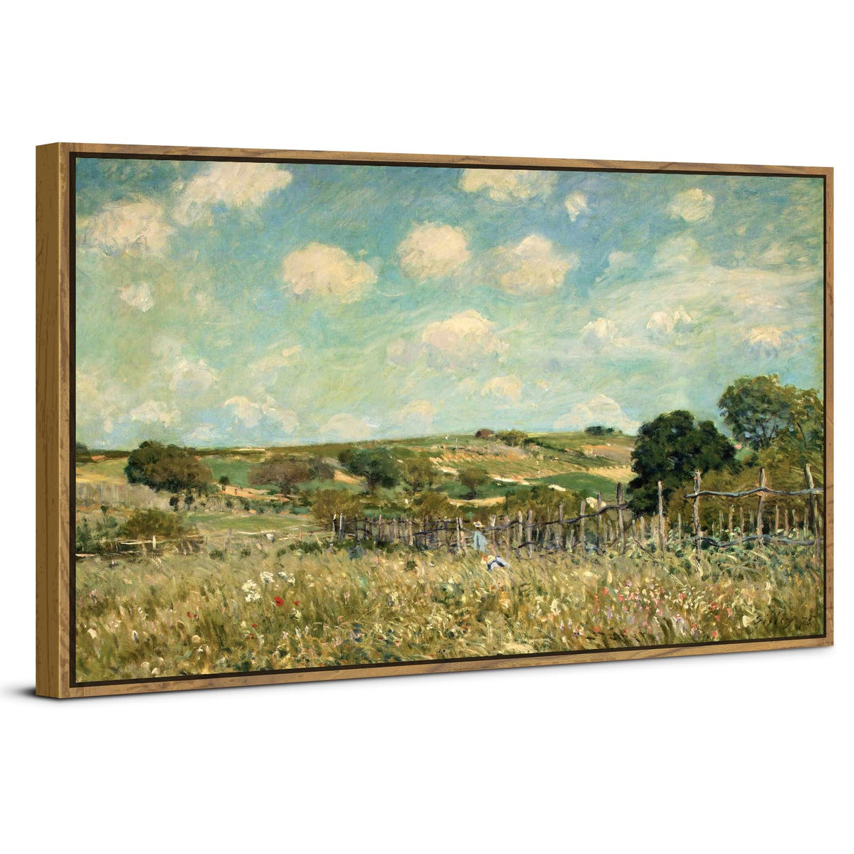 Rustic Grassland Wall Art Canvas Wooden Framed Vintage Green Forest Pictures Wall Decor Countryside Wildflower Landscape Painting Prints Abstract Artwork for Living Room Bedroom Home Decoration 24x48 (24"L x 48"W / Country)