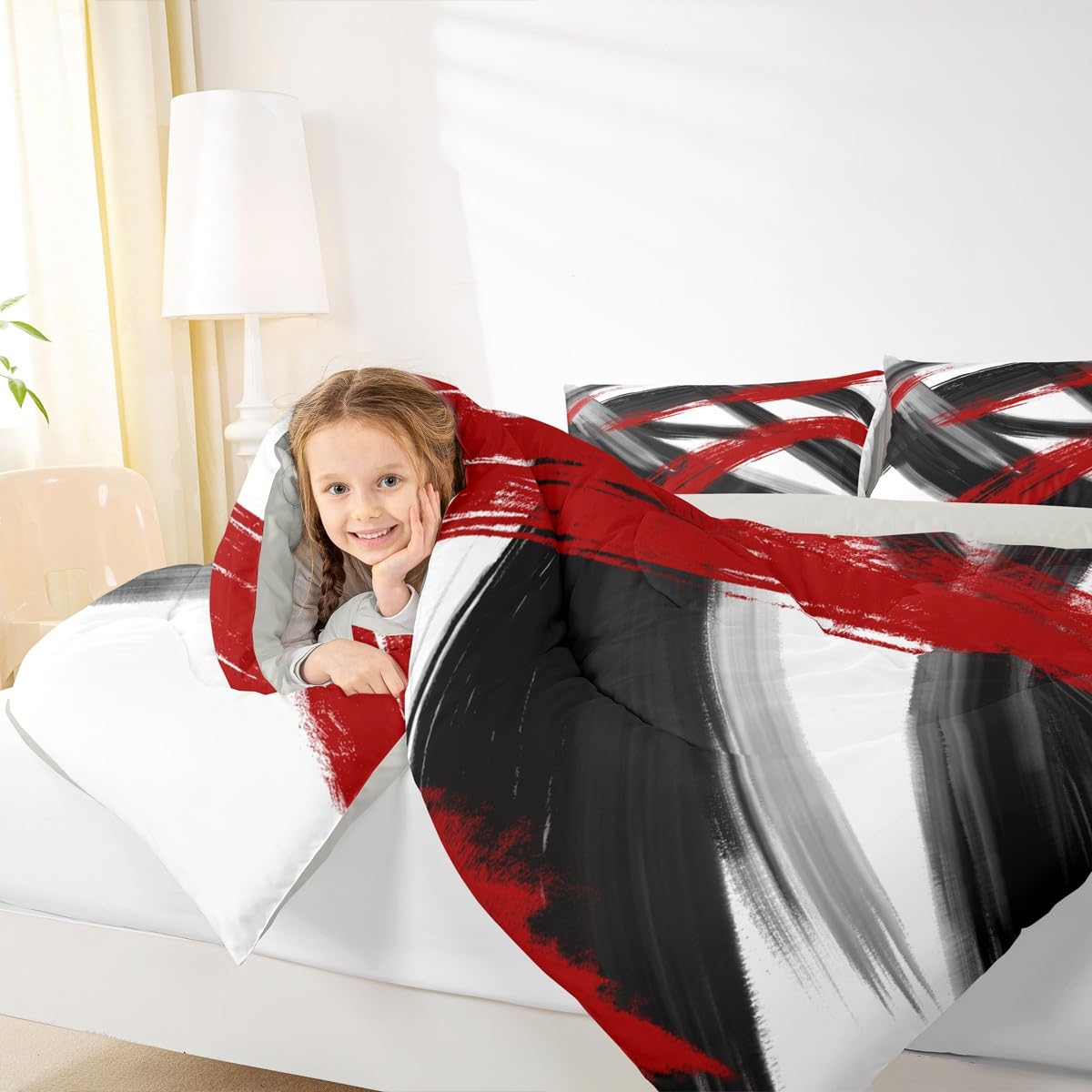 Black Red Comforter Set Queen Size Abstract Geometric Bedding Set for Boys Girls Modern Minimalist Duvet Quilt Room Decor Breathable Soft Microfiber All Season 3Pcs with 2 Pillow Cases (Multi 45684 / Queen)