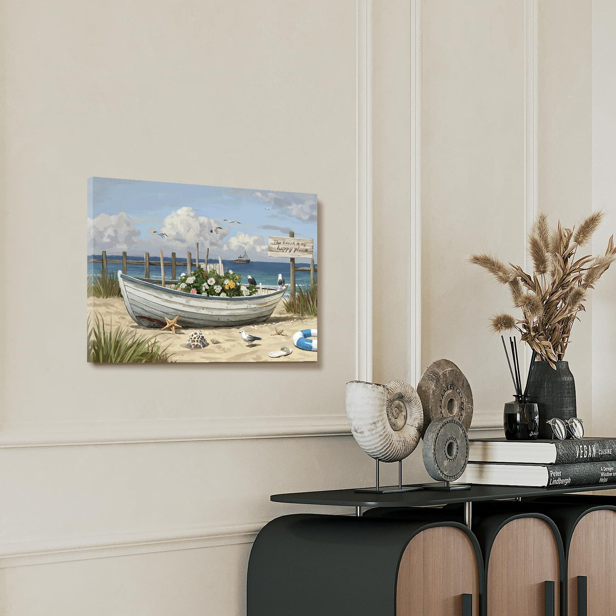 Coastal Wall Art (Blue Beach Boat Wall Art / 16"L x 12"W)