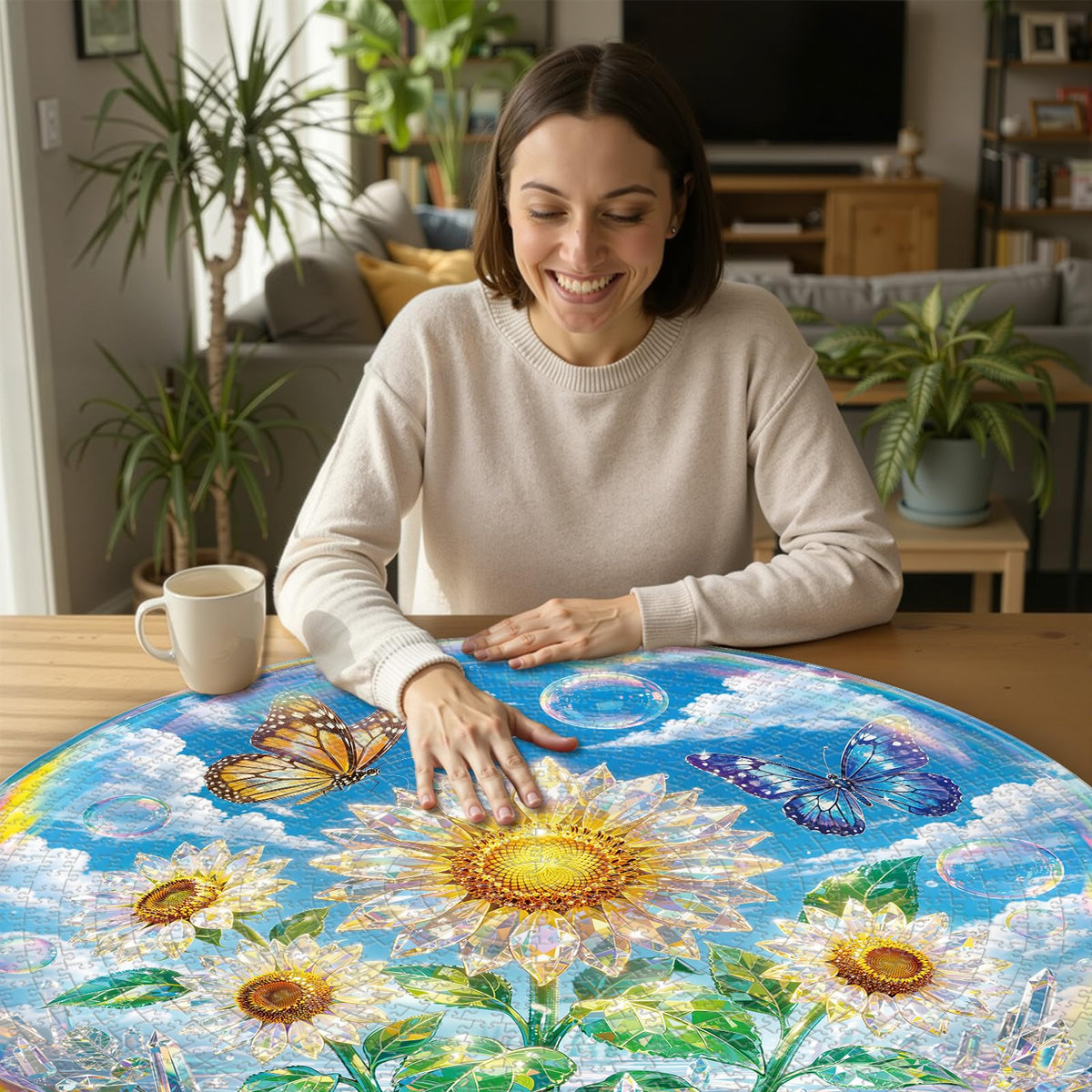 1000 Piece Jigsaw Round Puzzle for Adults (F-sunflowers & Butterflies)