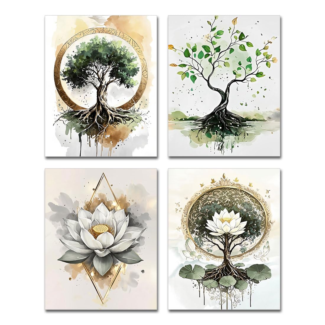 Green Tree of Life Bathroom Wall Decor Set of 4