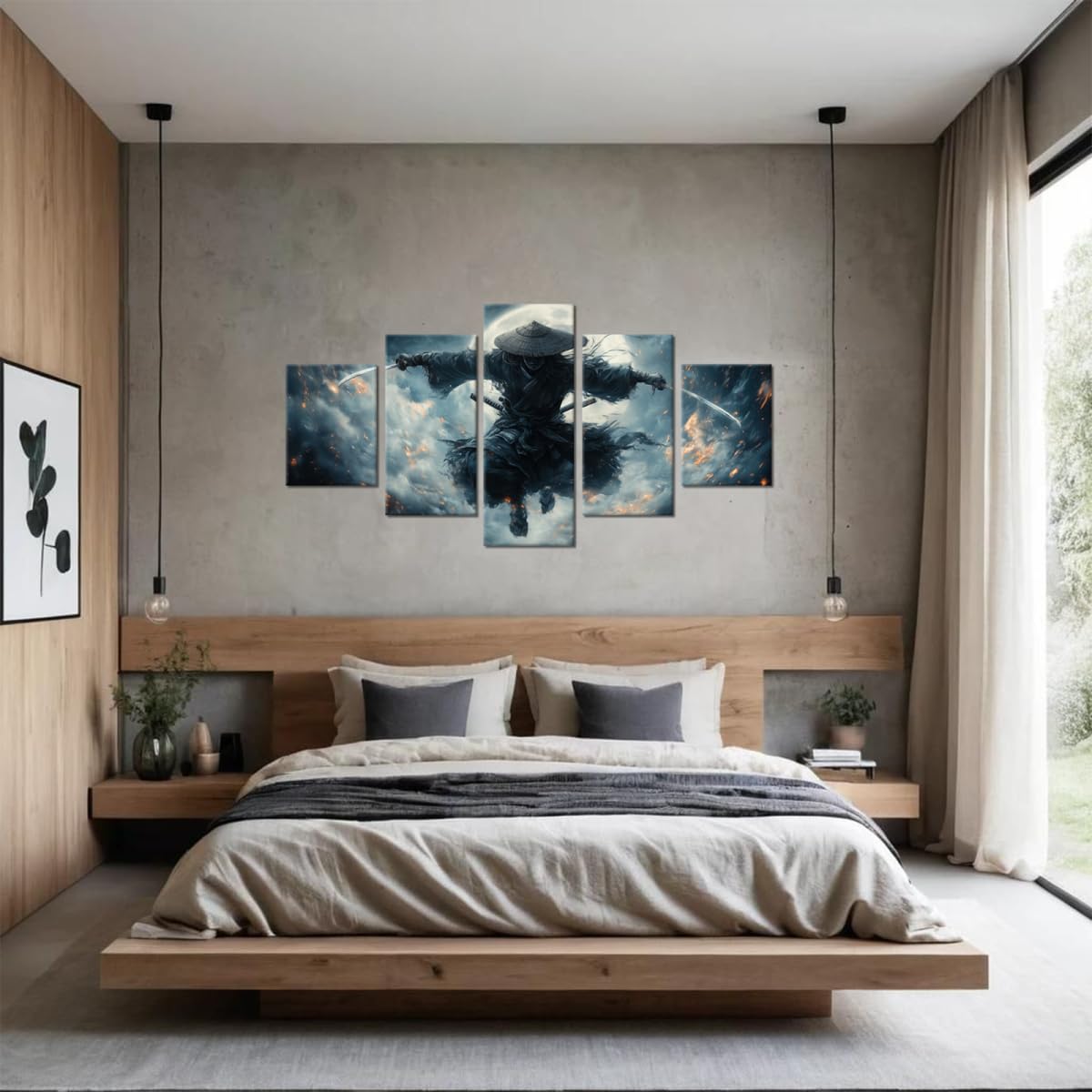 Black and White Japanese Culture Theme Samurai Wall Art Painting Warrior Figure Pictures Canvas Print Bushido Posters Artwork for Bedroom Bathroom Office Living Room Framed 5 Piece 50''W x 24''H (50"Wx24"H / Samurai 5P-24)