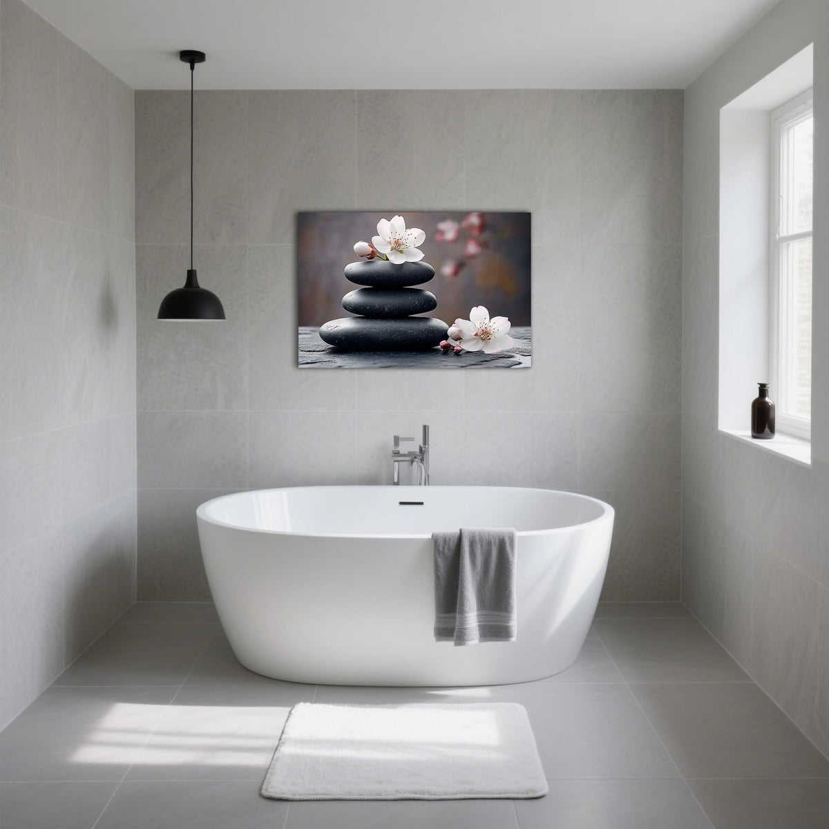 Zen Canvas Wall Art Black Stones with Cherry Blossoms Print Framed Artwork Poster for Yoga Meditation Room Spa Bathroom Decor (WE000050-6 / 18"L x 12"W)