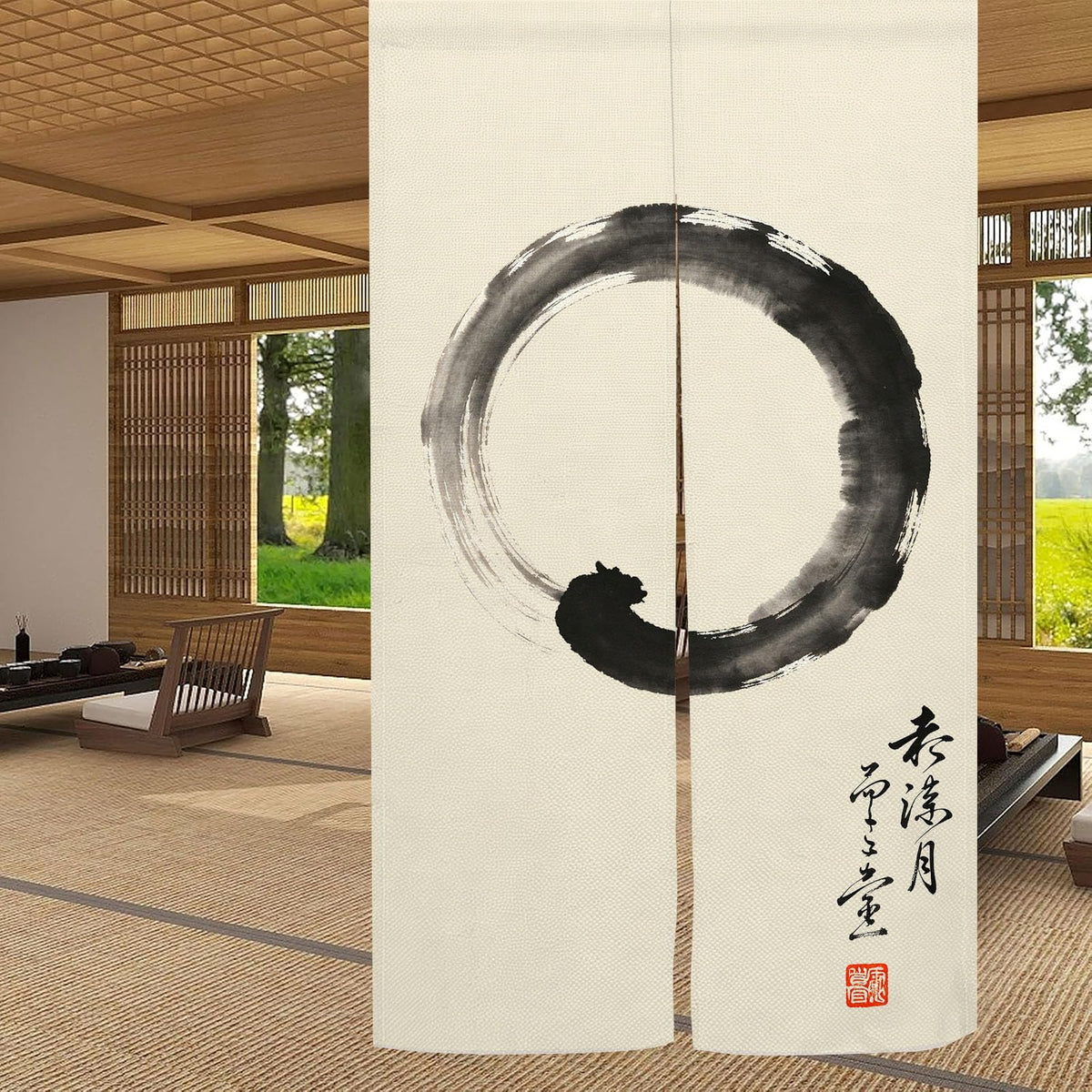 Japanese Noren Curtain Ink Wash Enso Circle Zen Doorway Curtain 33.5x59in (Beige Black / 33.5"W x 59"L (Pack of 1))