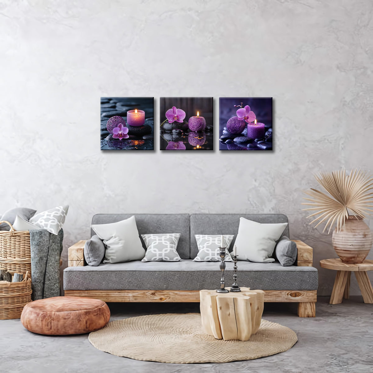 3PCS Zen Canvas Wall Art Purple Orchid Spa Decor Aromatherapy Candle Black Stone Prints Modern Meditation Room Decor Bathroom Yoga Studio Wall Pictures Relaxing Home Artwork Ready to Hang (16X16inchX3pcs / Serenity in Purple)