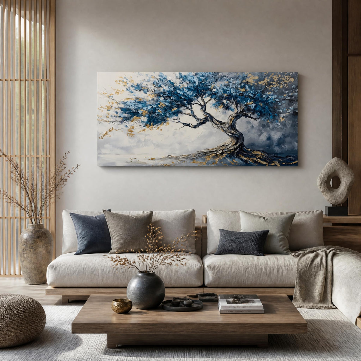 Blue and Gold Tree of Life Canvas Wall Art Modern Abstract Botanical Painting Flat Print Gallery Wrapped Artwork for Living Room Bedroom Bathroom Decor (Bohemian / White Tree of Life 28 / 40"L x 20"W)