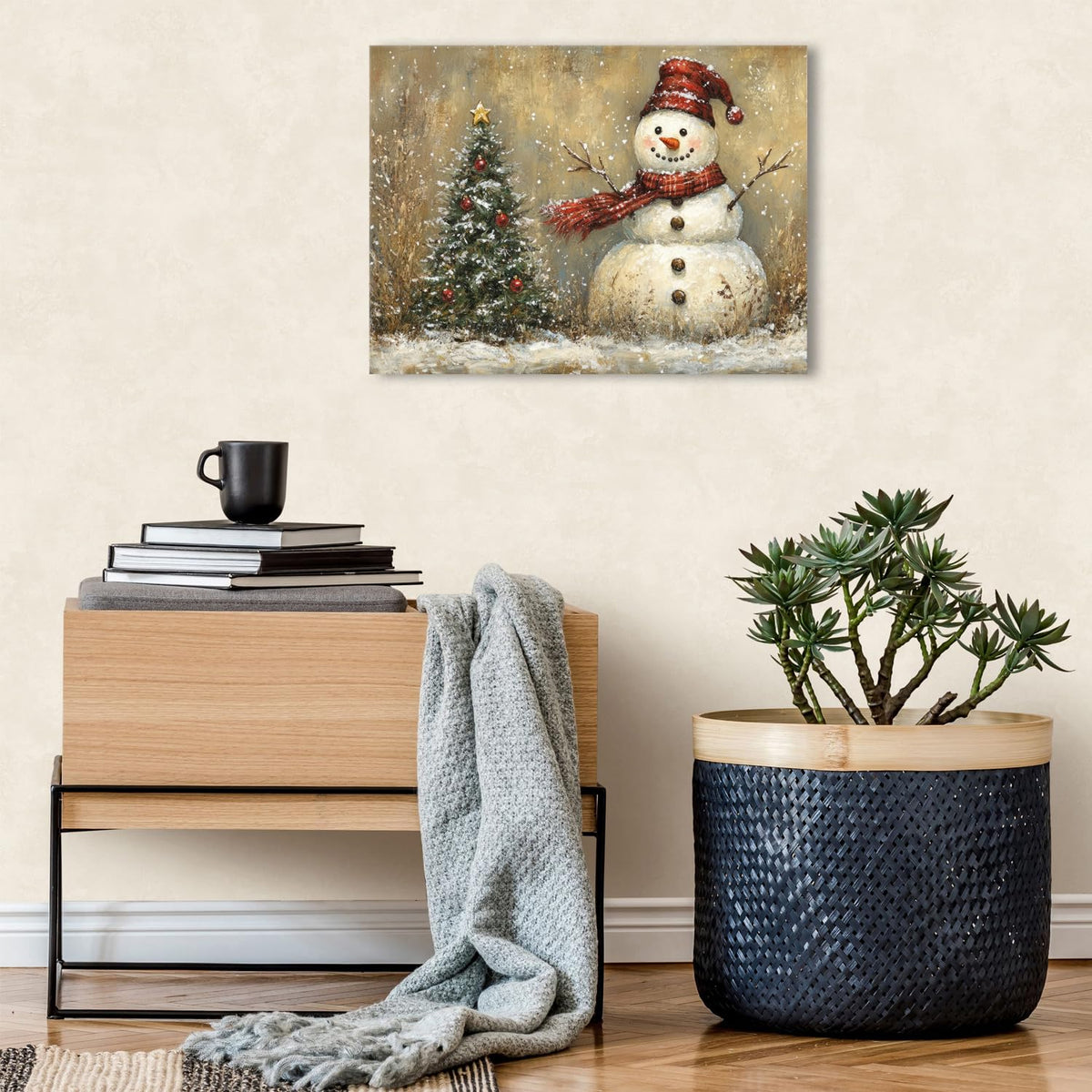 Rustic Christmas Wall Decor Pine Tree Snowman Picture for Living Room Retro Christmas Tree Poster Bedroom Abstract Snowy Winter Scene Canvas Prints Painting Holiday Artwork Xmas Home Decoration 12x16" (16"L x 12"W / Snowman Tree)