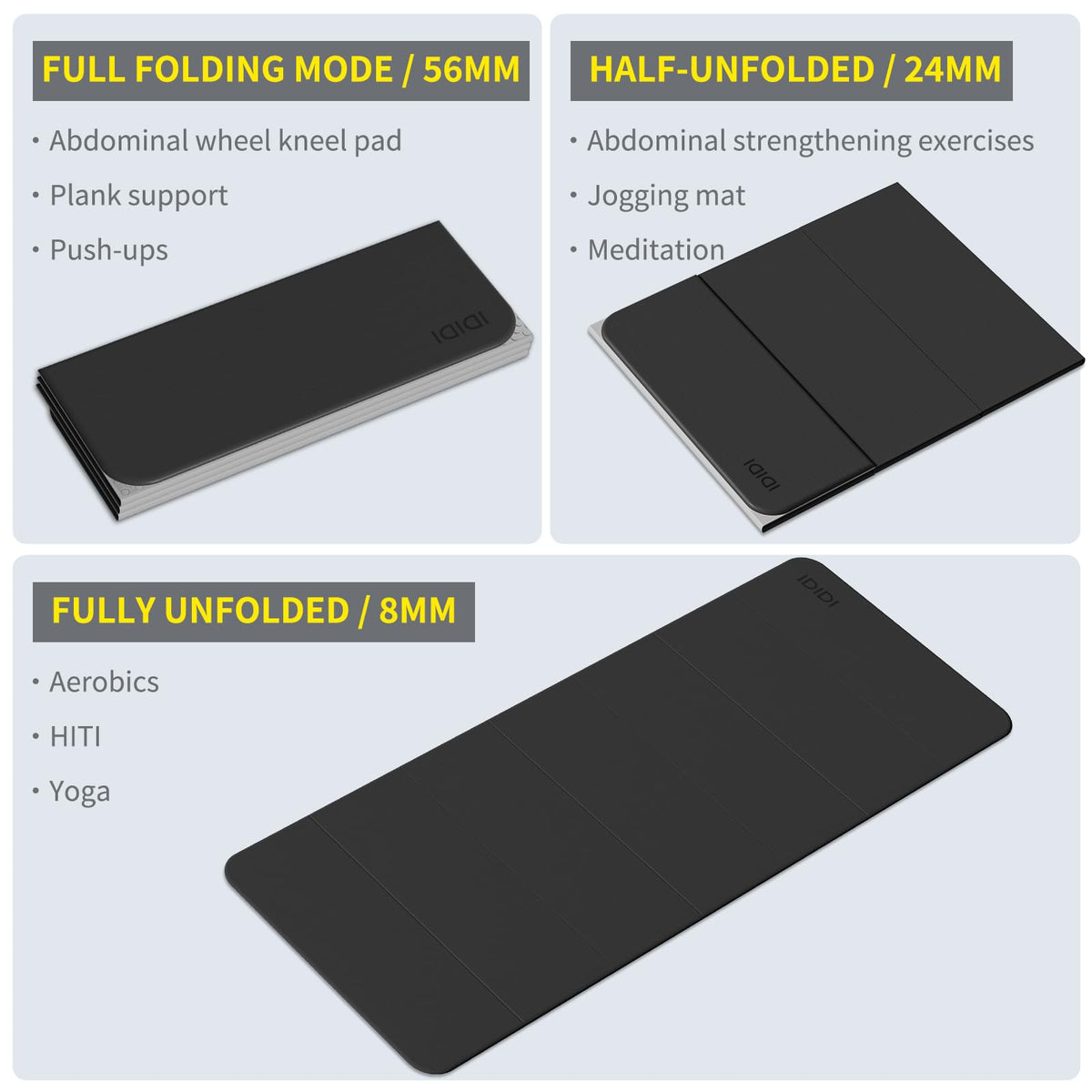 Foldable Yoga Mat Extra Large Wide 74"×31.5" (Black+Gray)