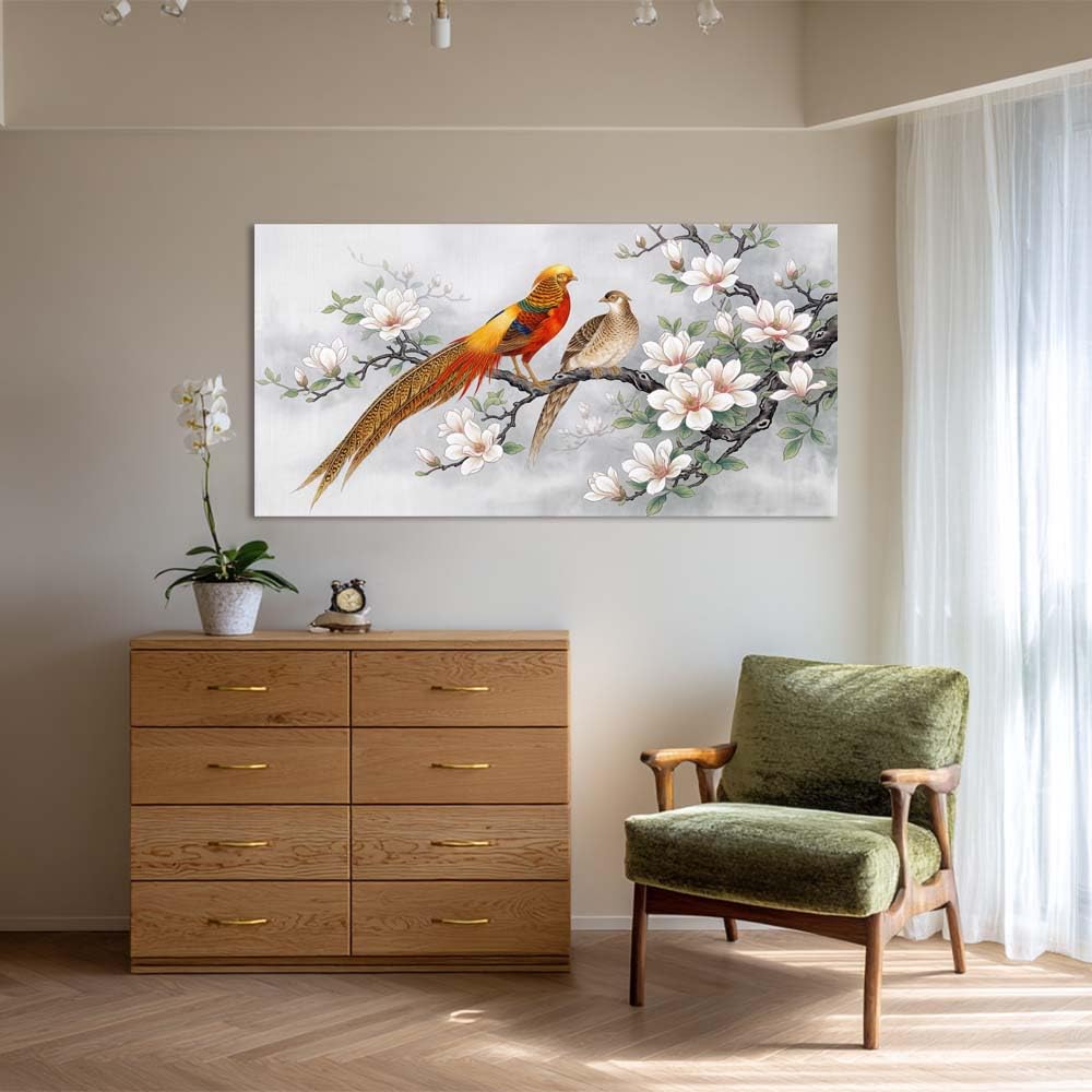 Oriental Golden Pheasant Canvas Wall Art White Magnolia Chinoiserie Painting Flat Print Gallery Wrapped Asian Bird Artwork for Living Room Bedroom Bathroom Decor (Wildlife / White Golden Pheasant Couple 26 / 58"L x 28"W)
