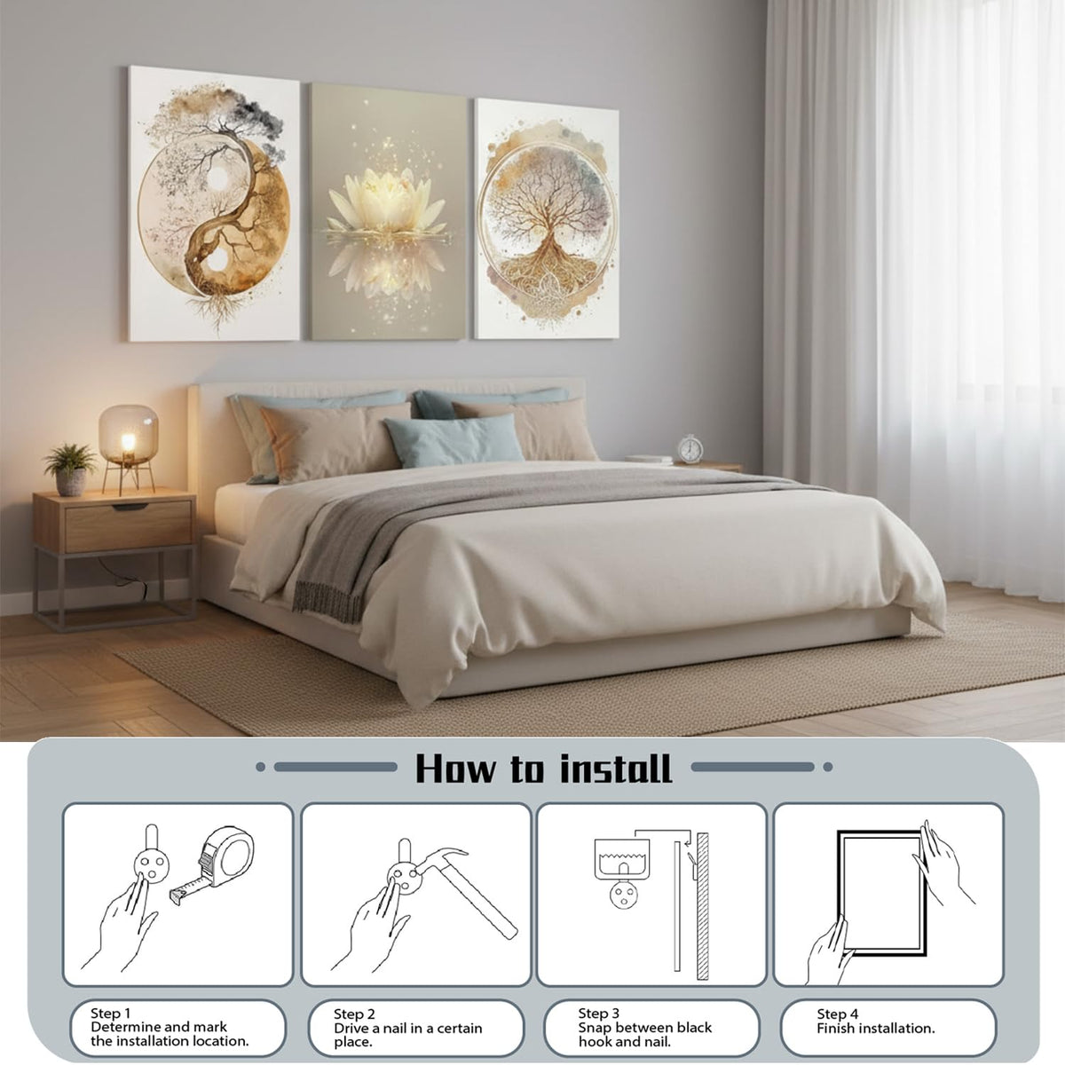 Tree of Life Wall Art Canvas Framed Set of 3 Lotus Zen Wall Decor Painting Poster Abstract YinYang Fall Art Picture Print Artwork for Living Room Yoga Room Bedroom Home Decoration 16x24 inch (Tree Canvas A / 24L"x16W")