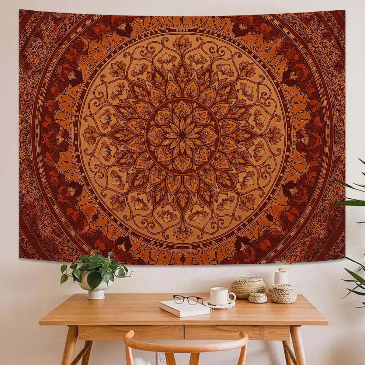 Tapestry Mandala Ornate Circular Pattern Tapestries Bohemian Orange Floral Tapestries Warm Earth Tone Wall Tapestry Bedroom Dormitory Living Room Decoration 60"x44" (60"L x 44"W / Tan)