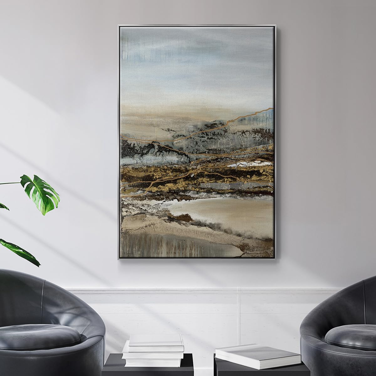 Abstract Wall Art Silver Floater Frame Prints Annual Journey through the Mountains Path Canvas Paintings for Office Bedroom Kitchen Walls (37"L x 25"W / Annual Journey)