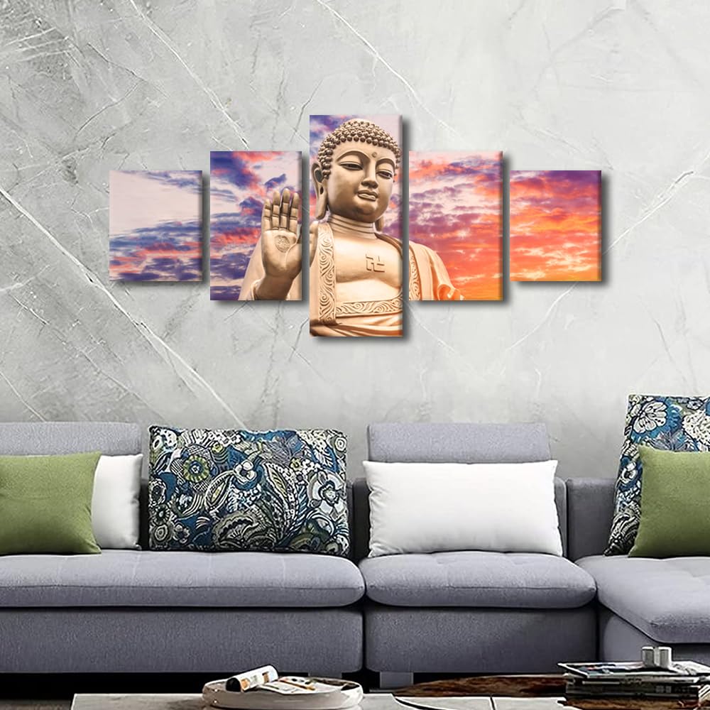 Home Canvas Wall Art Modern 5 Panel Living Room Decor Inspirational Buddha Zen Poster Print Sunset Buddha Statue Picture Print Art for Office Wall Decor Stretched and Framed Ready to Hang 50x24 in (50x24 in / 5PANEL-06)