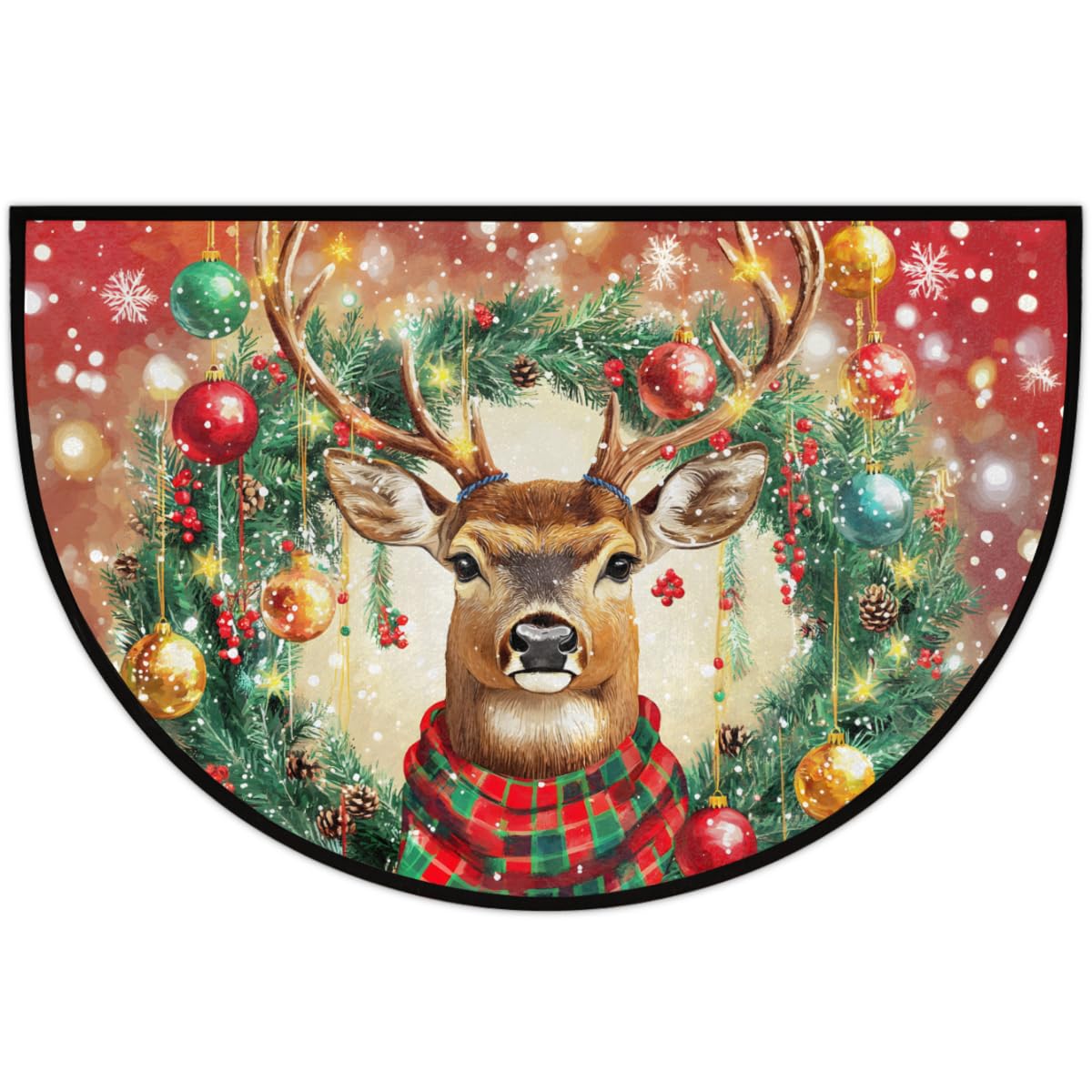 Christmas Snowflake Deer Half Round Door Mat (S-044)