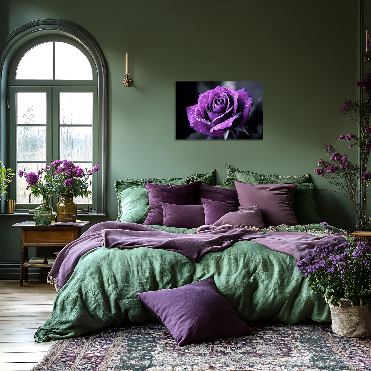 1 Panel Purple Flower Pictures Canvas Wall Art Purple Black and White Purple Rose with Dewdrops Artwork Painting on Canvas Stretched and Framed for Home Decor Living Room 16x24 inch (24"L x 16"W / Purple Flower 12)