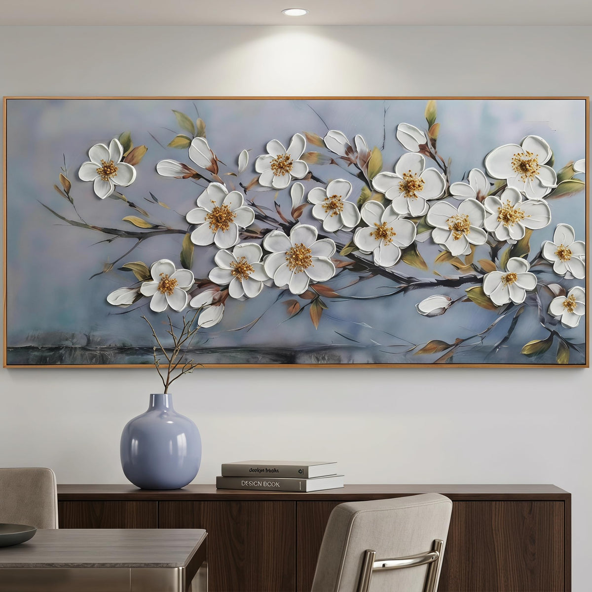 Framed Large Textured Canvas Wall Art for Living Room (White Flowers / Wood Framed / 71"L x 32"W)