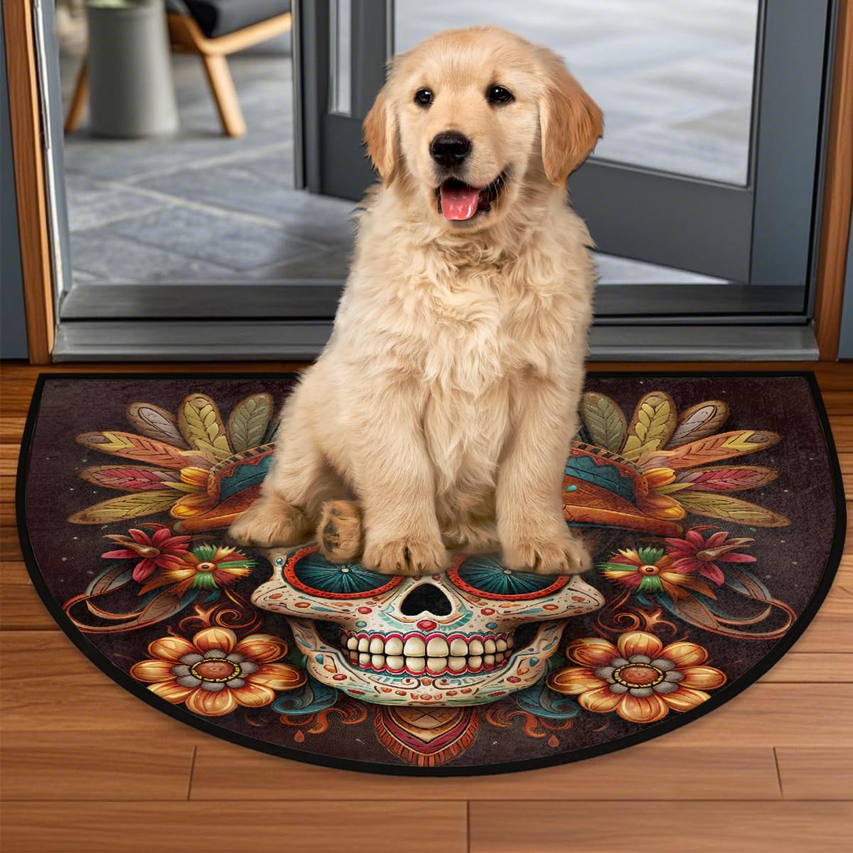 Flower Skull Half Round Door Mat Non Slip Half Circle Rugs (D: Color 15)