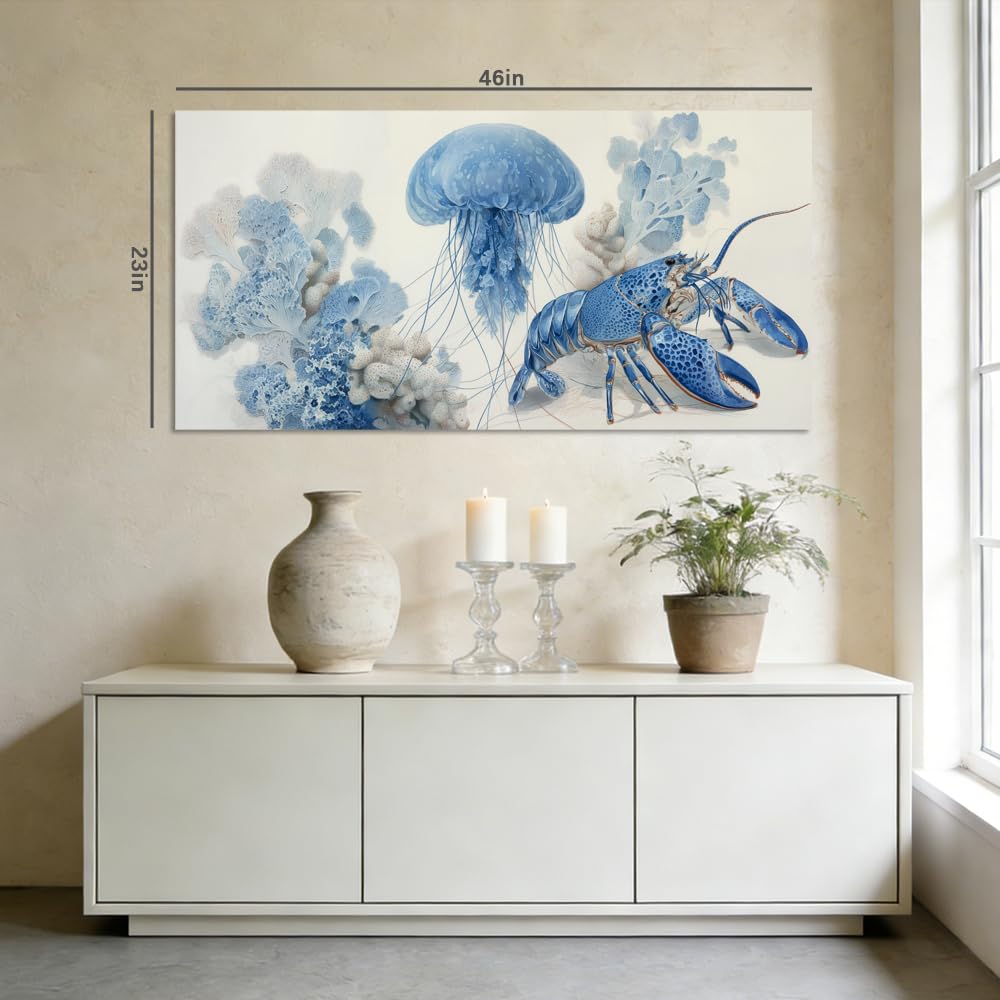 Blue Ocean Animal Canvas Wall Art Lobster Jellyfish Coastal Watercolor Painting Flat Print Gallery Wrapped Artwork for Living Room Bedroom Bathroom Decor (Retro / Blue Lobster and Jellyfish 29 / 58"L x 28"W)