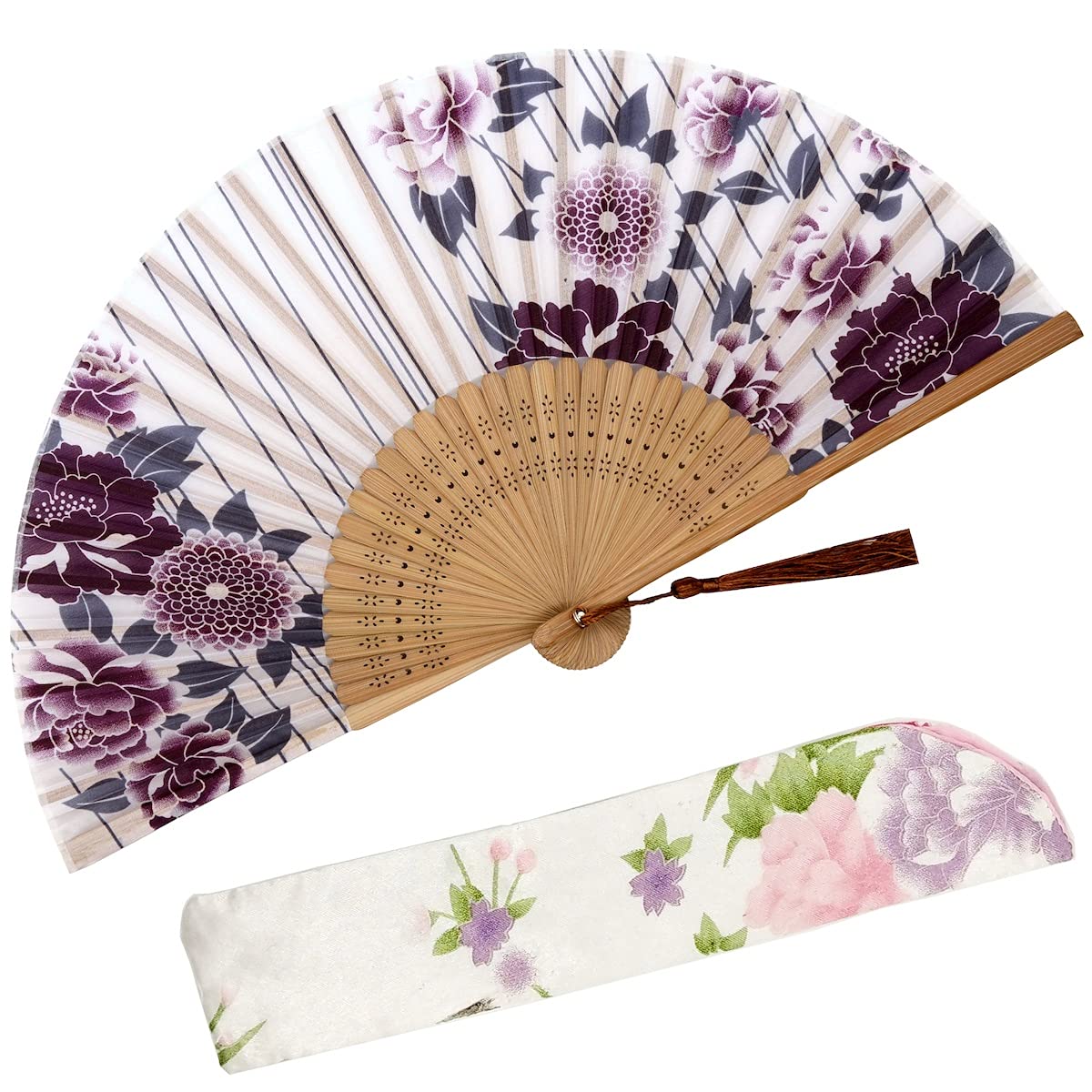 Folding Hand Fan for Women (Purple Flowers)