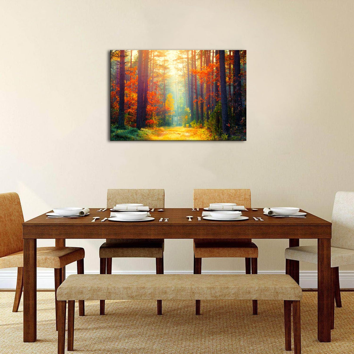 Large Fall Forest Wall Art Autumn Landscape Wall Decor for Living Room Bedroom Orange Maple Leaves Pictures Nature Scenery Canvas Prints Sunrise Tree Paintings Artwork Kitchen Home Decorations 24x36" (36"L x 24"W / Fall Forest)