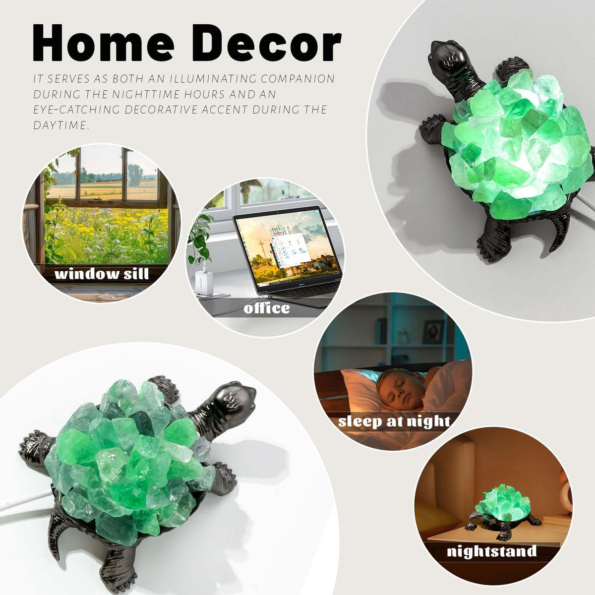 Natural Green Fluorite Turtle Night Lamp Healing Crystal Bedroom Bedside Table Lamp USB Port Home Decoration Women Men Decor Gift (Green)