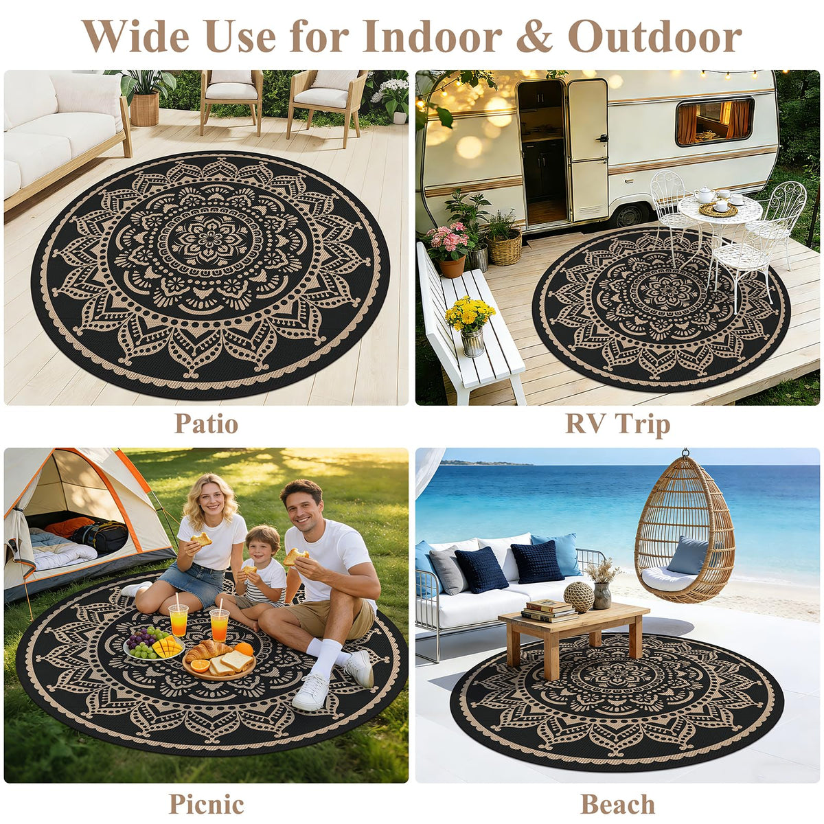 Waterproof Outdoor Rug (Flower Black Gold / 6' (Round))