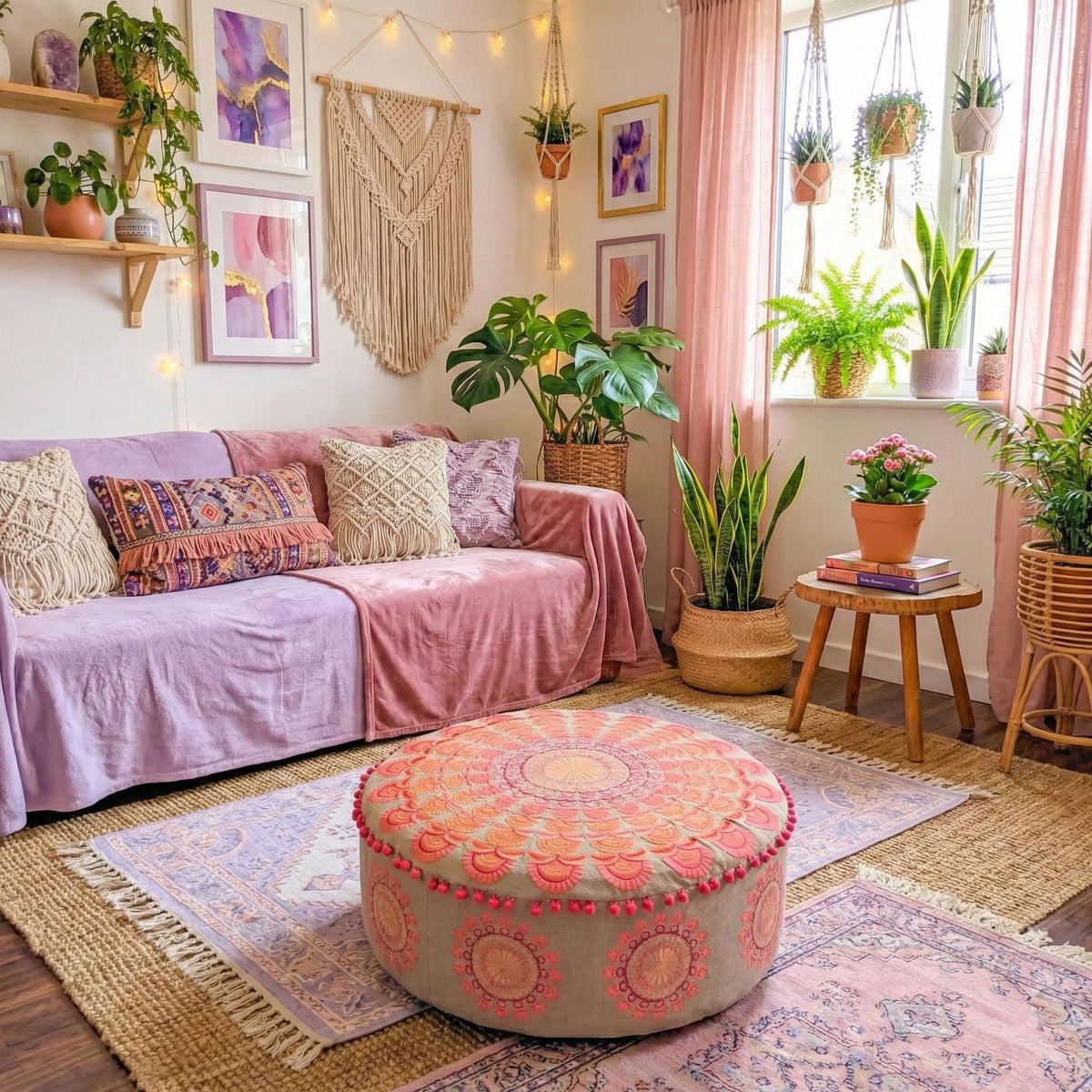 Large Boho Pouf Cushion Cover Pink Round Floor Pillow Luxury Kids Room Décor Cotton Pouf Ottoman Cushion for Meditation Yoga (Pouf Cover / Pink Peacock)