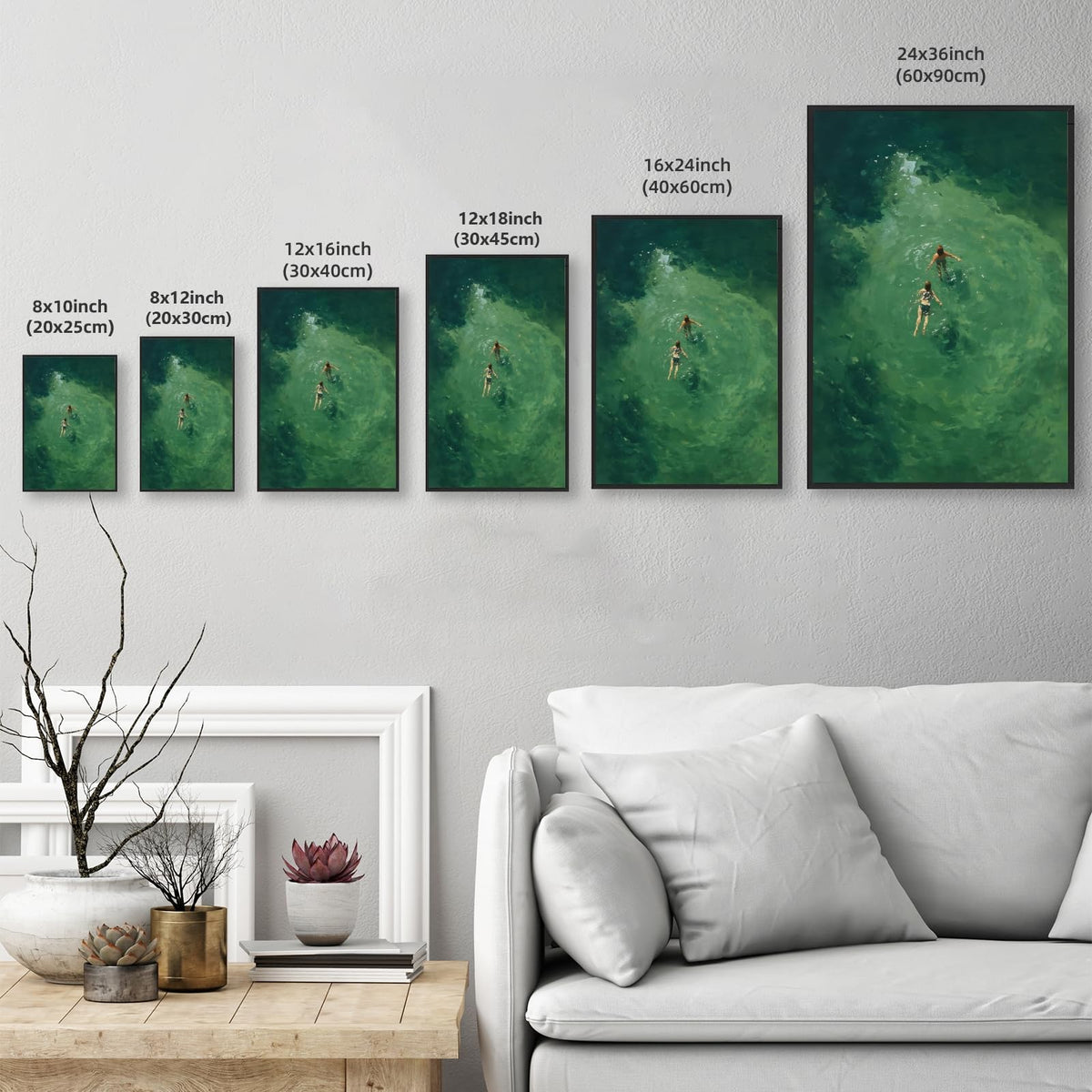 Black Framed Swimmers Wall Art Swimming in Green Abstract Canvas Poster Aerial View Summer Ocean Painting Print Minimalist Relaxing Coastal Artwork for Bedroom Beach House Decor 12x18inch (12"L x 18"W / Swim - Black Frame)