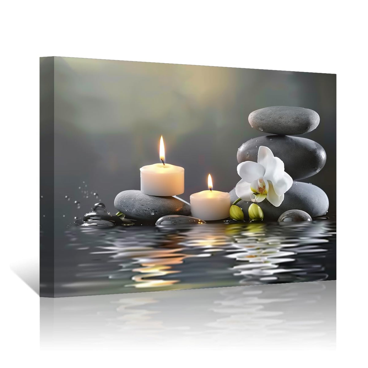 Bathroom Wall Art Orchid Flower with Black Zen Stone Pictures SPA Candle Picture Prints Still Life Canvas Painting for Meditation Spiritual Room Decor (White / 16"L x 24"W)