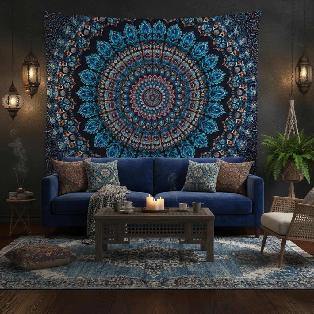 Blue Mandala Tapestry Wall Hanging Vintage Medallion Tapestry Aesthetic Hippie Boho Floral Cool Cute Large Tapestries for Bedroom Living Room Dorm Wall Decor 80 x 60 Inch (Bohemian / Navy Blue / 80"L x 60"W)