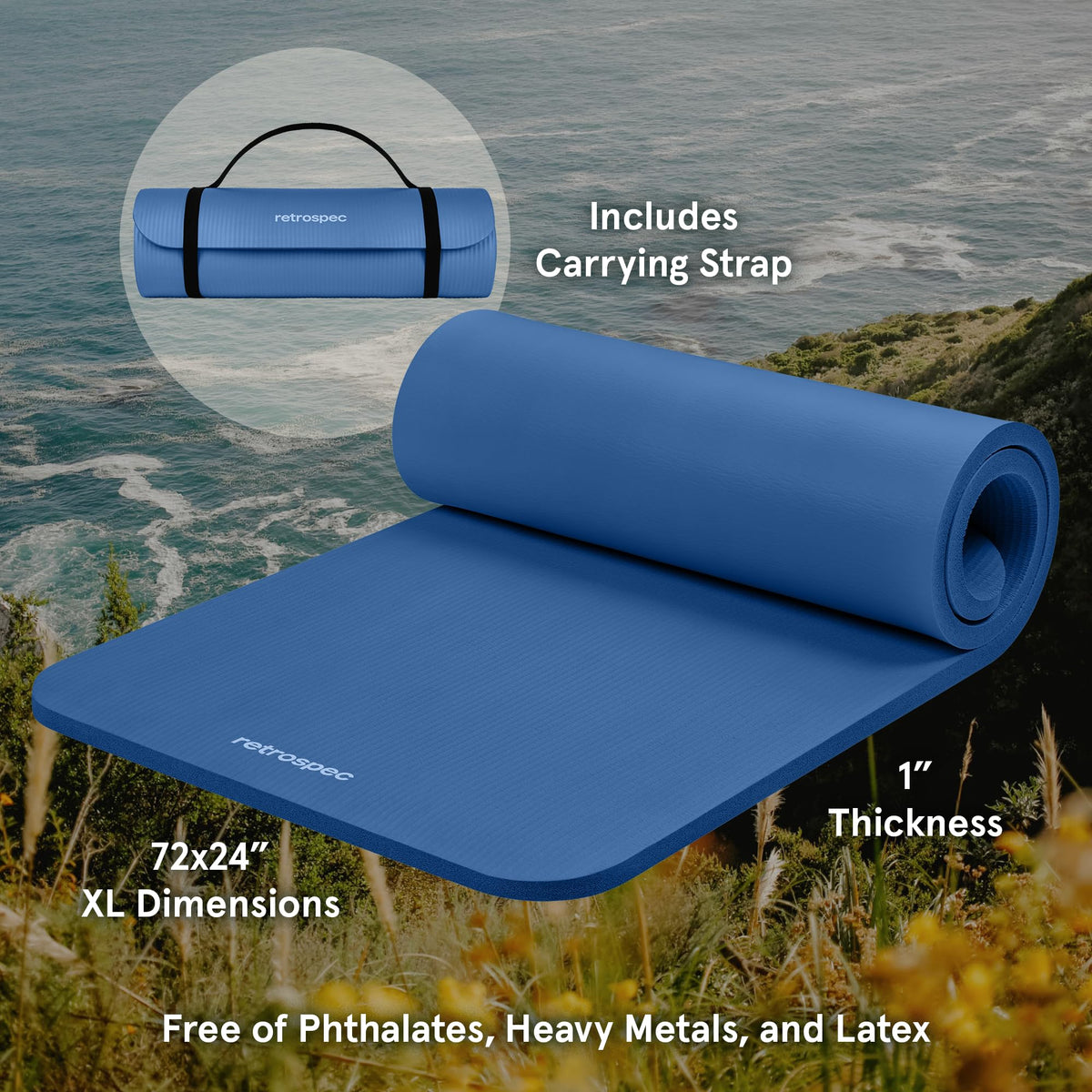 Solana 1" Extra Thick Yoga Mat Non Slip Exercise Mat w (Denim Blue / 1 inch)