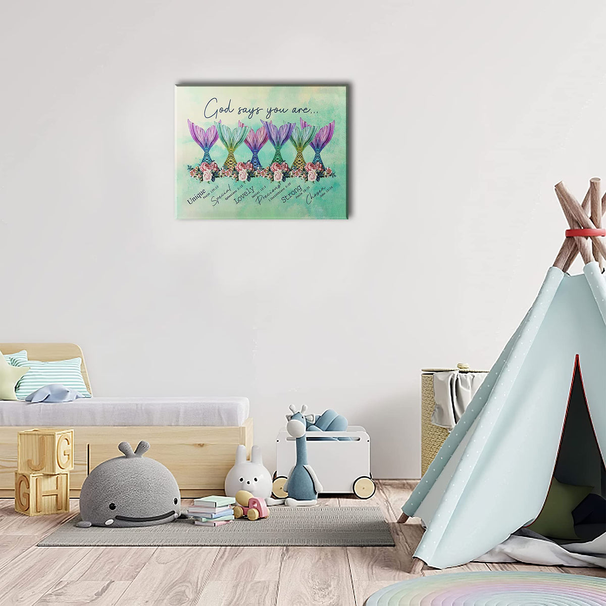 Mermaid Wall Art Little Girls Room Decor Canvas Prints Painting Teal Bathroom Bedroom Pictures Framed Artwork Gifts Office Home Decorations 24"x16" (24"L x 16"W / Colorful Mermaid Tail)