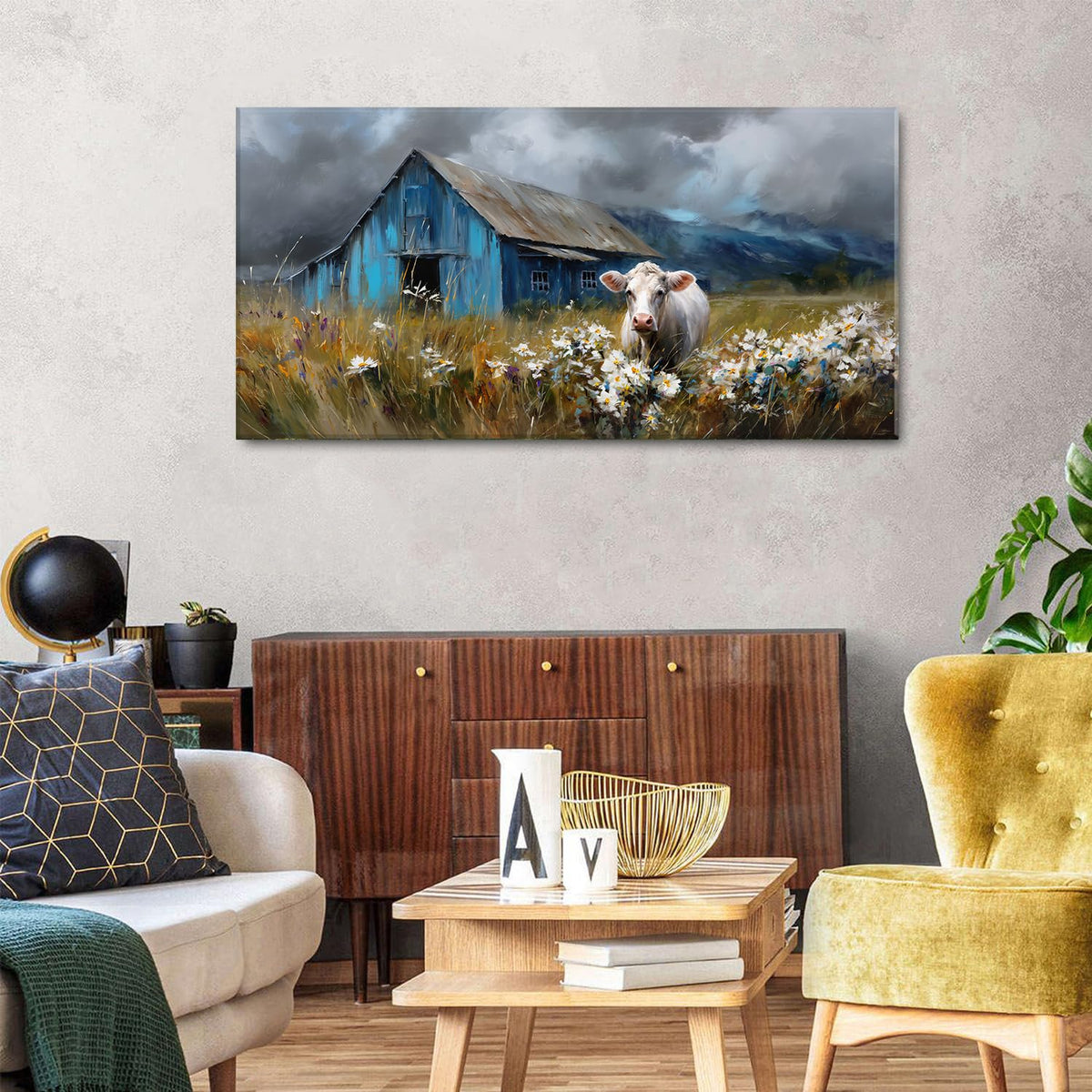 Farmhouse Cow Wall Art Rustic Barn Landscape Pictures Wall Decor Blue Barn Wildflower Field Canvas Prints Country Farm Animal Artwork for Living Room Dining Room Bedroom Home Decoration 24x48 (48"L x 24"W / Farmhouse)