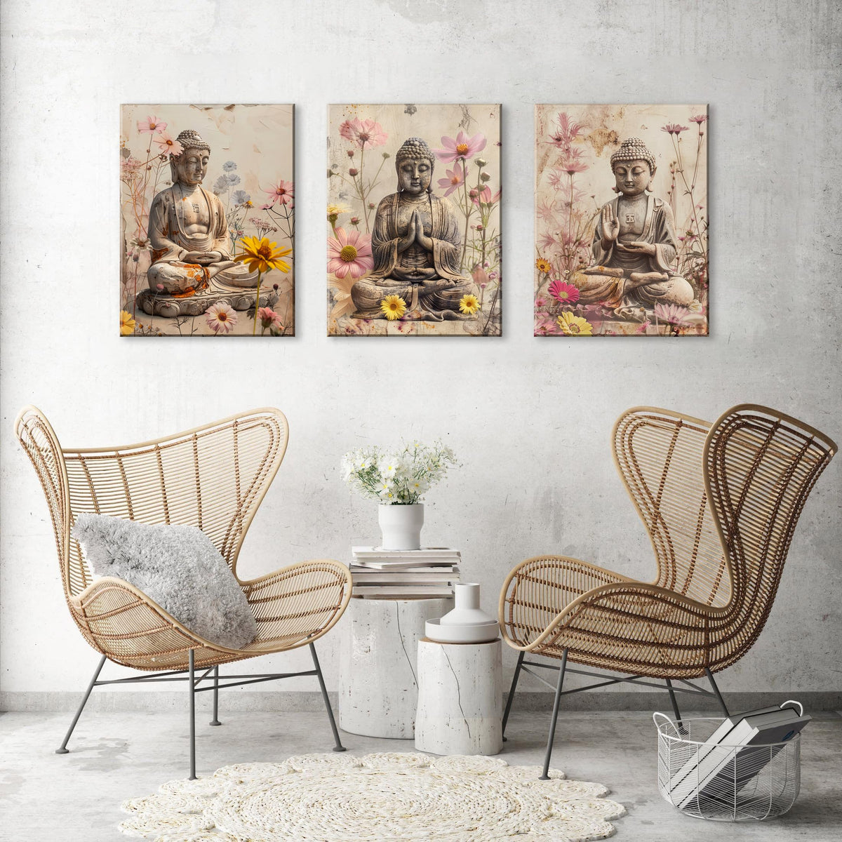 3Pcs Buddha Statue Daisy Floral Accents Canvas Art Floral Buddha Zen Meditation Decor Spiritual Wall Art for Home Ready to Hang Spiritual Zen Decor Peaceful Meditation Art for Living Room (12"L x 16"W / Buddha&Daisy)